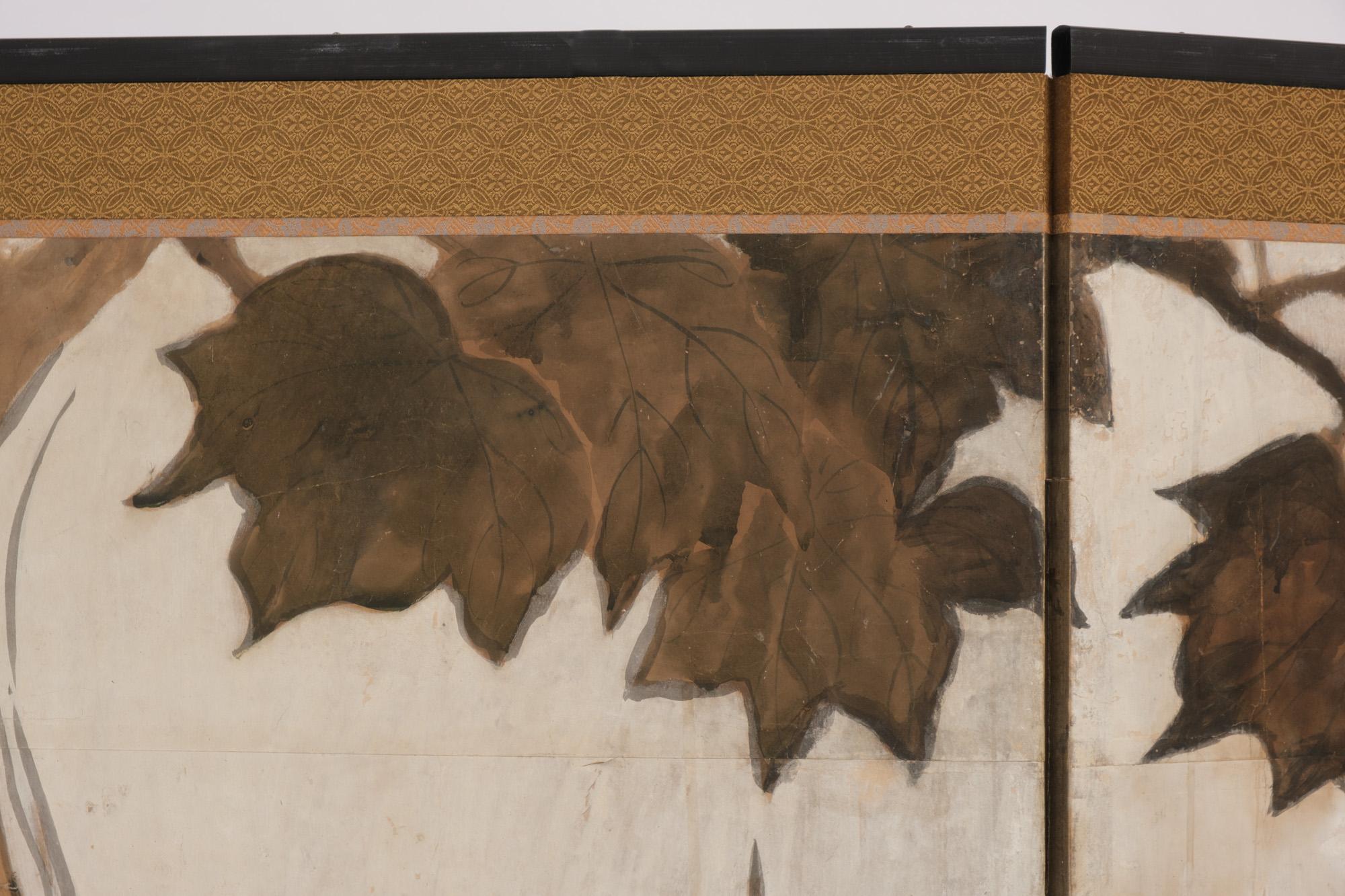 Japanese screen with a painting of an large elephant & monkey by Mori Kanson 森間村 10
