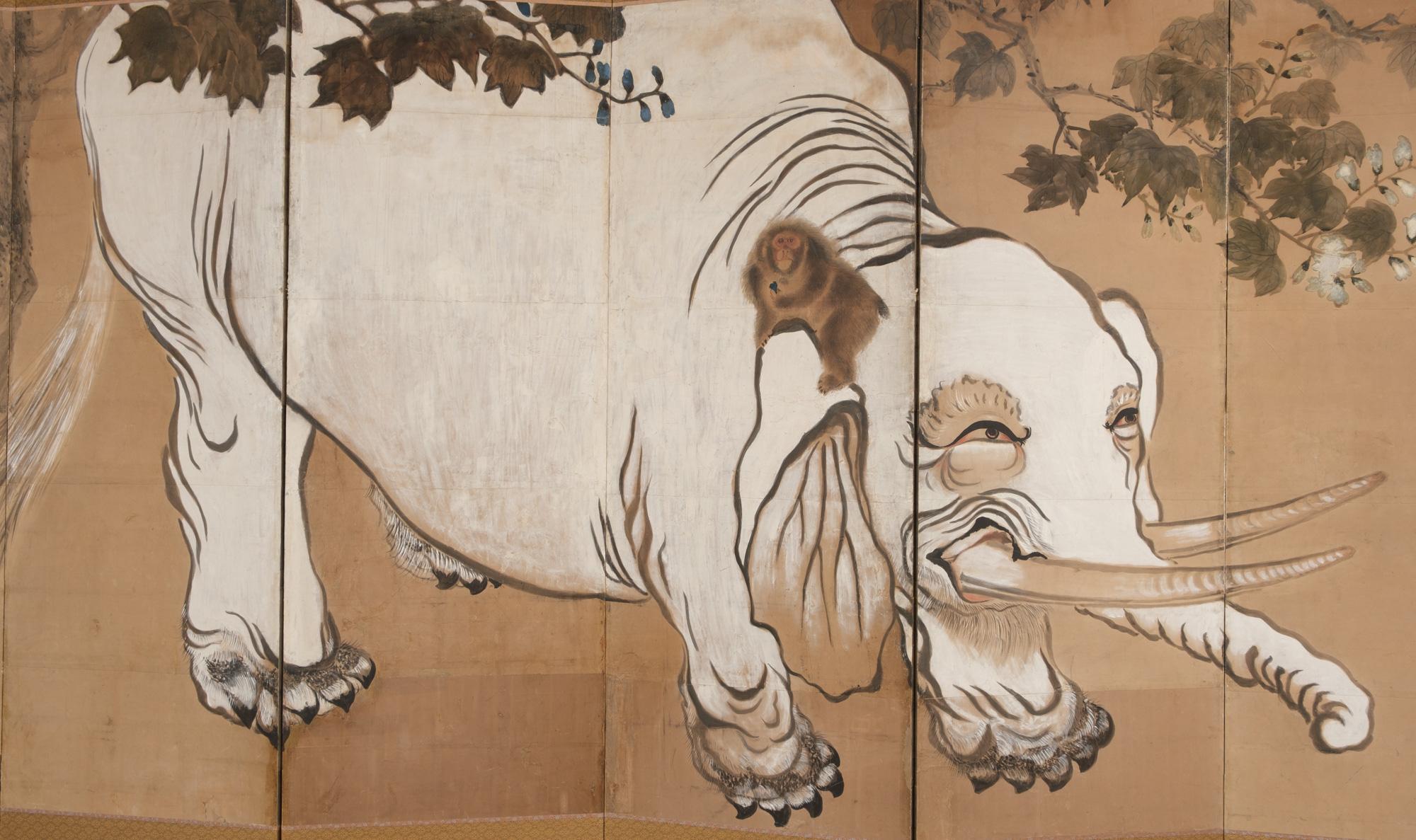 A marvellous, tall six-panel byôbu (folding screen) with a rare painting of a large white elephant standing under a blooming paulownia tree (kiri), with a monkey sitting on the ear of his host, looking straight to the spectator.

The friendly