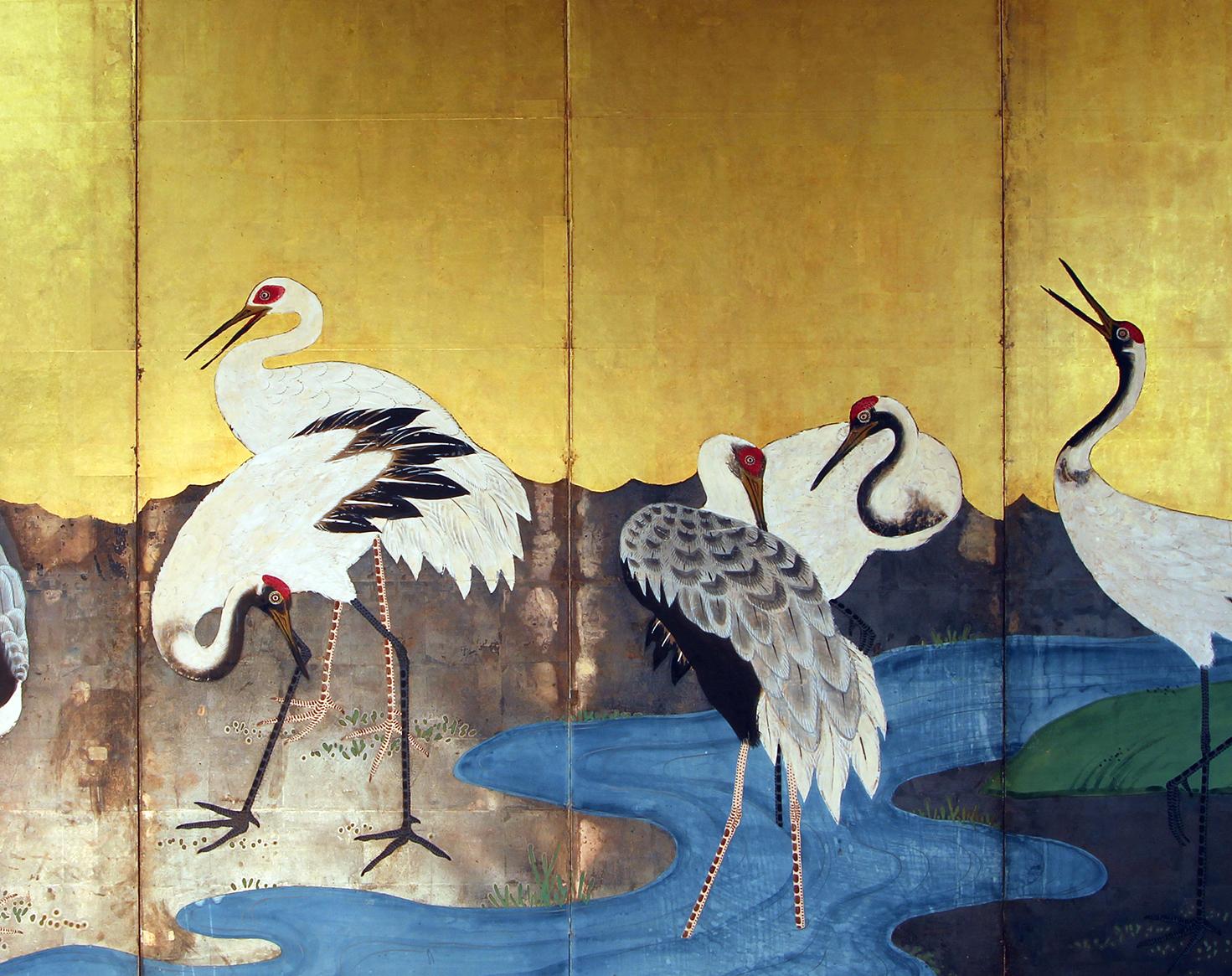 Edo Japanese Screen with Landscape in Gold Leaf