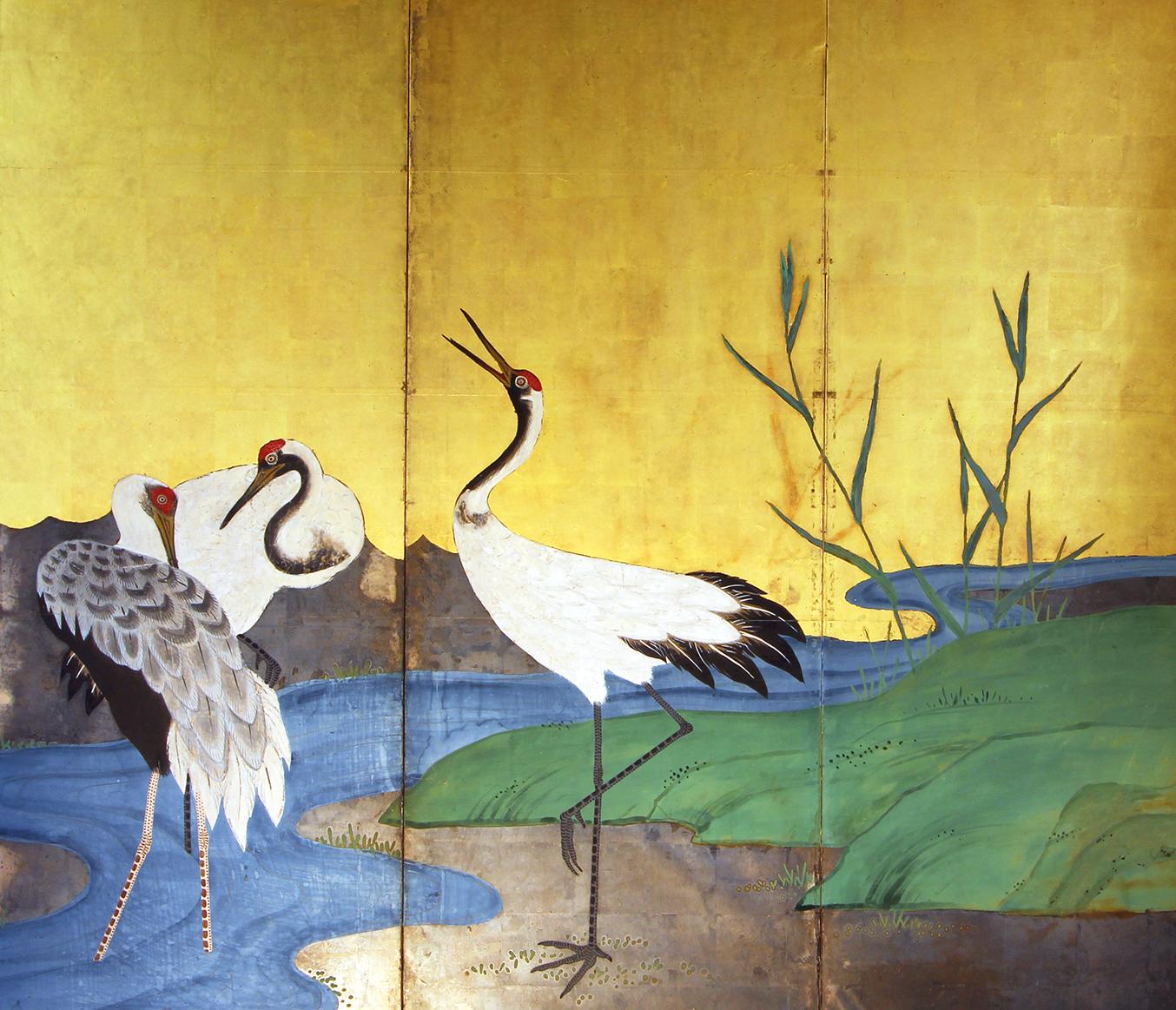 Hand-Painted Japanese Screen with Landscape in Gold Leaf
