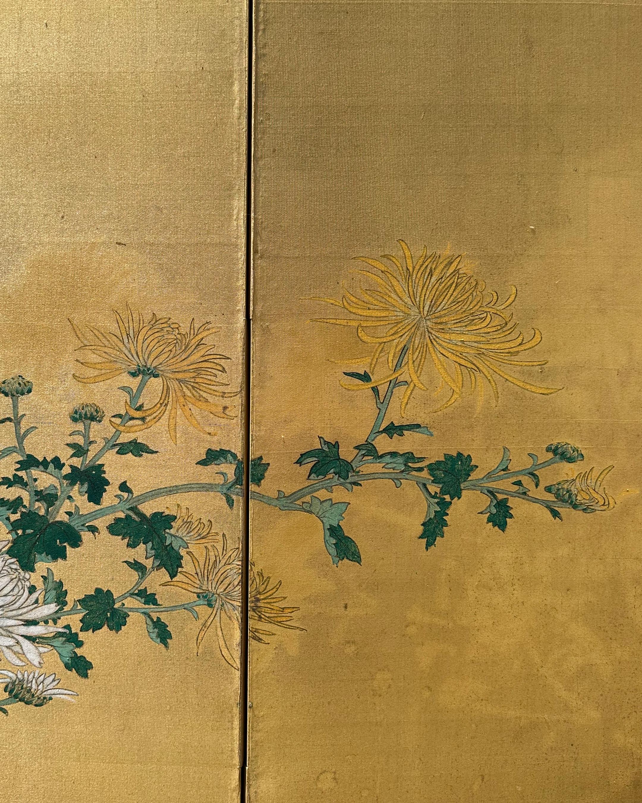 Gold Leaf Japanese Screens: Echo of Chrysanthemums For Sale