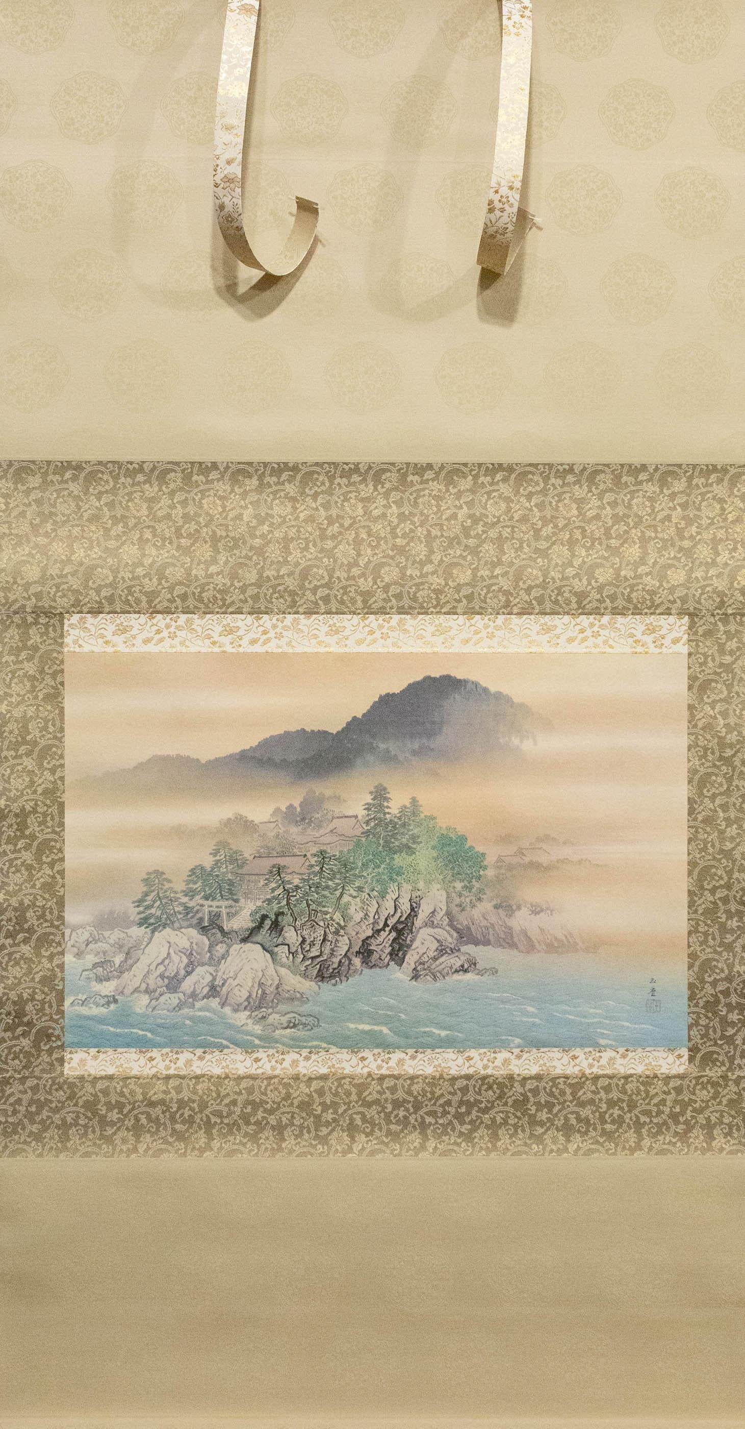 Chikubu is an island in Lake Biwa, Shiga prefecture. This painting depicts a tori gate leading to a temple, and in the background is Kyoto and the Higashiyama Hills. Mineral pigments on silk mounted on silk border. Beautifully mounted, good
