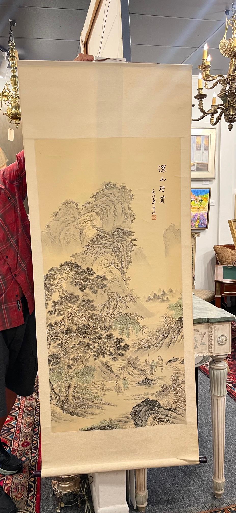 Hand-Painted Japanese Scroll Hand Painting in Black Ink of a Landscape, Early 20th Century For Sale