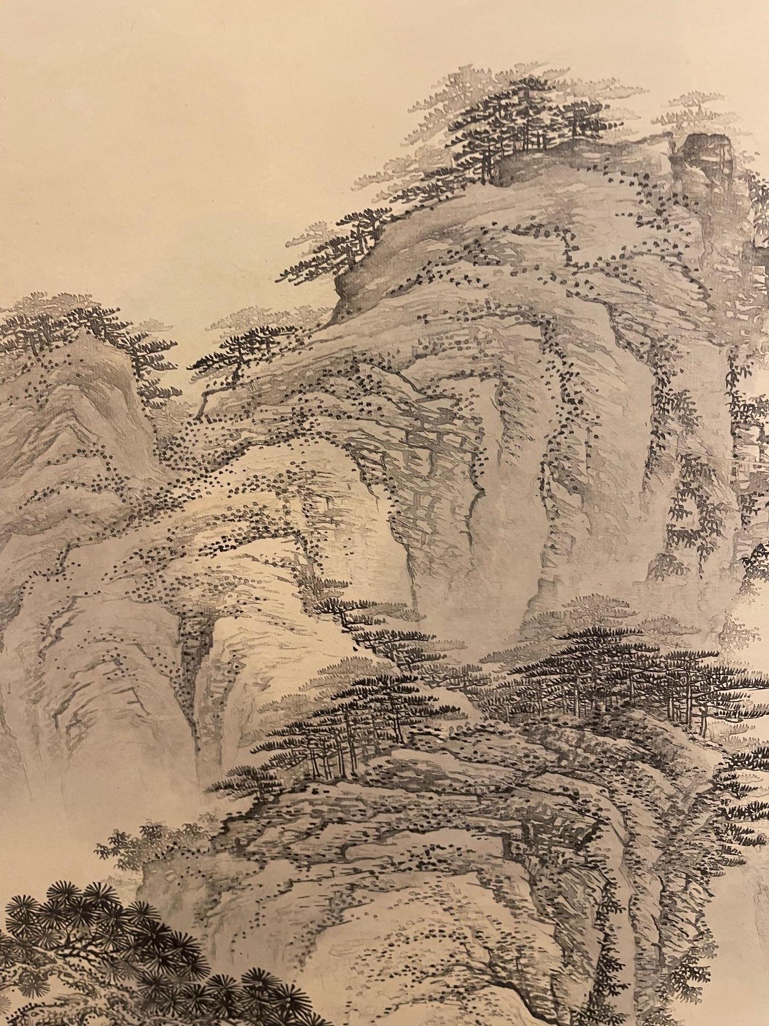Paper Japanese Scroll Hand Painting in Black Ink of a Landscape, Early 20th Century For Sale