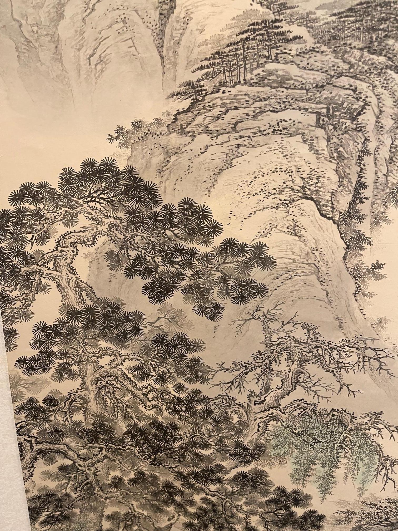 Japanese Scroll Hand Painting in Black Ink of a Landscape, Early 20th Century For Sale 1