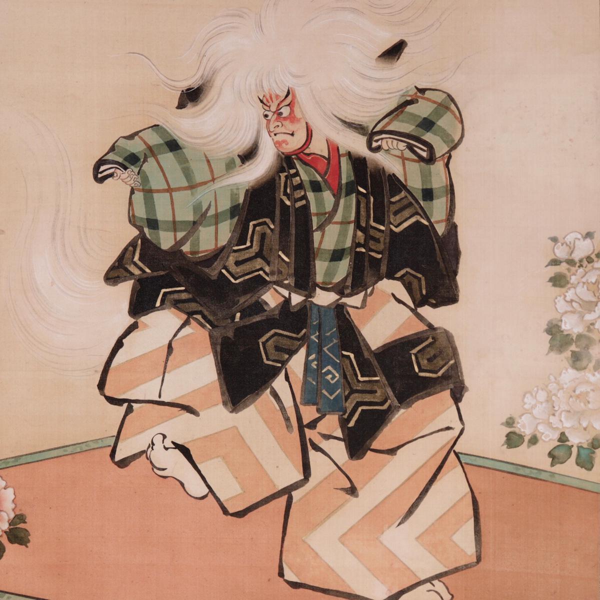 Hand-Painted Japanese Scroll, Kabuki Dancers by Torii Kiyotada For Sale
