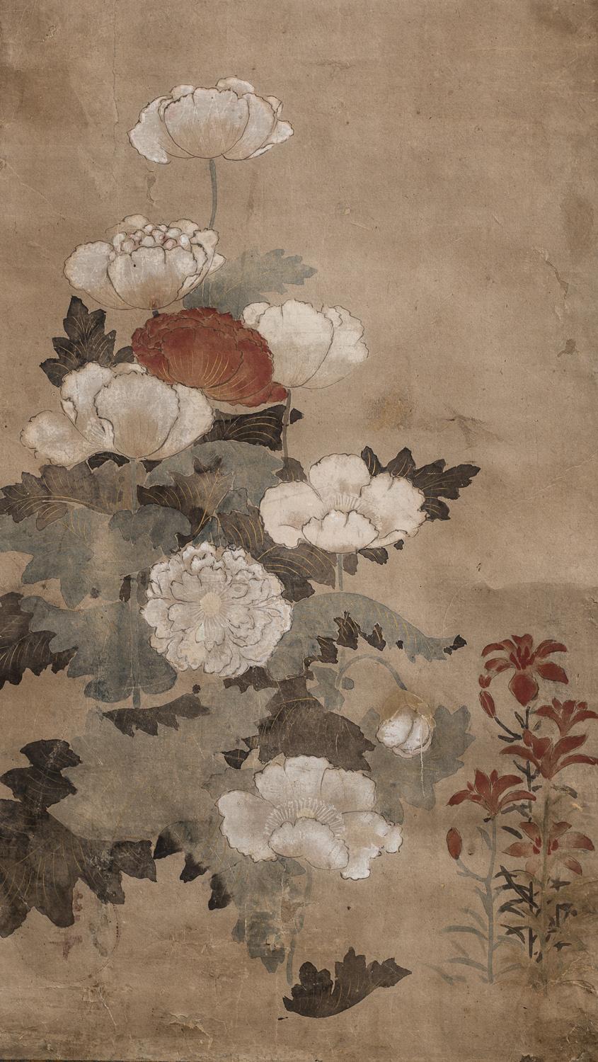 18th century Japanese scroll of poppies. Edo Period (early 18th century) Japanese painting of poppies with lilies in the background. Seal on the lower left reads: Inen. Mineral pigments painted on paper with beautiful silk brocade mounting. Comes