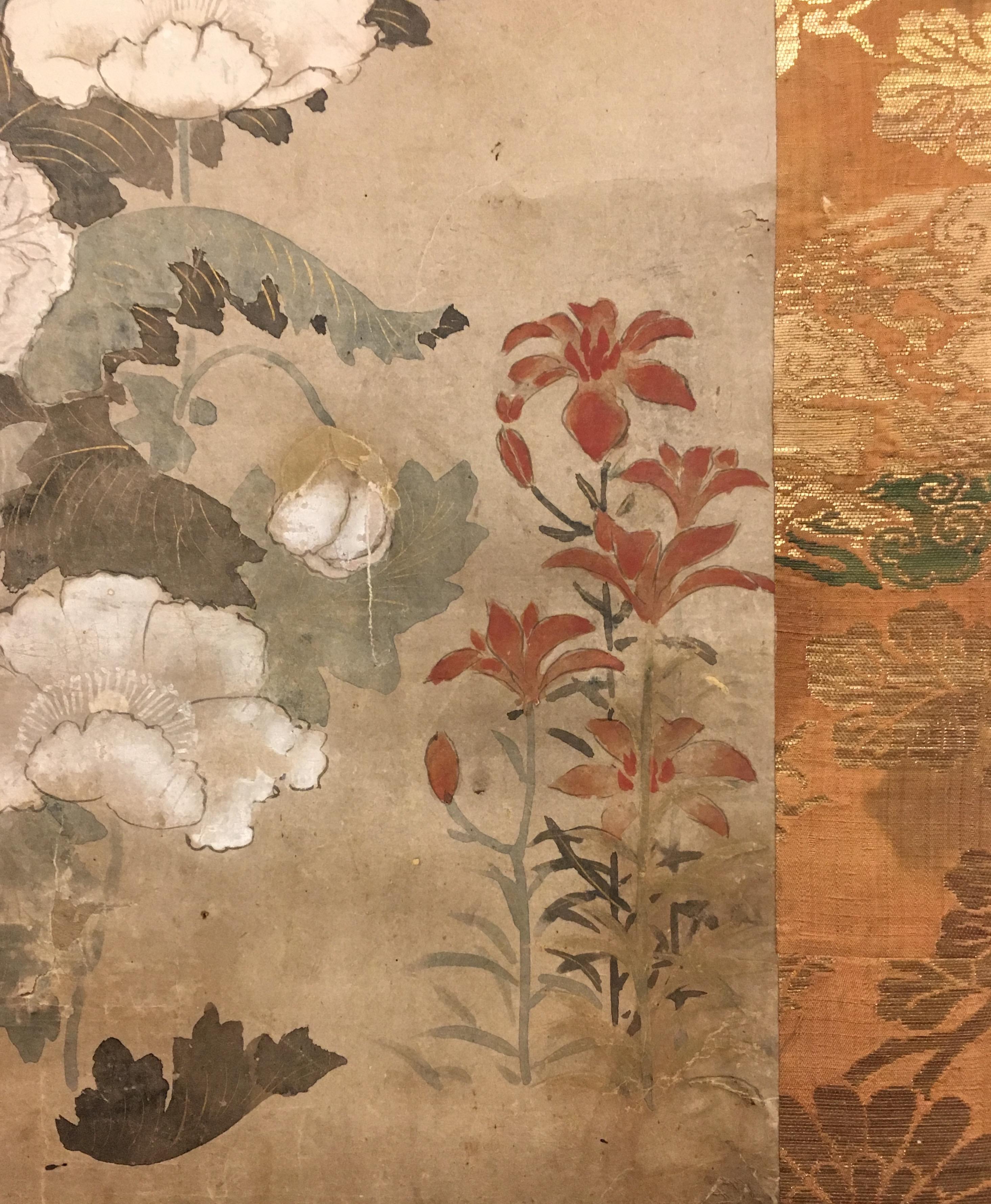 Silk 18th Century Japanese Scroll of Poppies For Sale