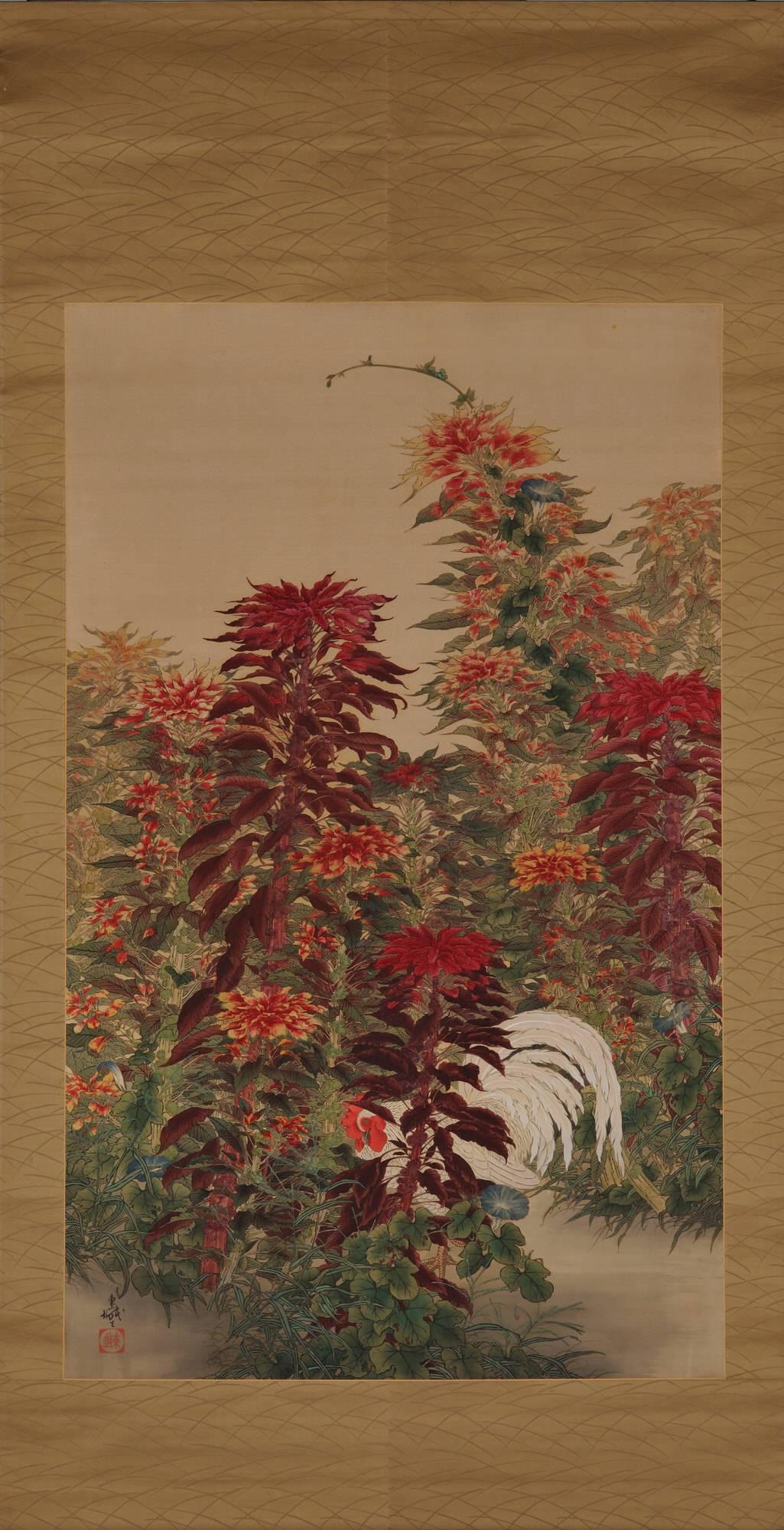 Amaranth and Rooster

Artist unknown

Hanging scroll, ink, mineral pigment and gofun on silk.

Painting inscription: Tojo ??

Painting seal: Tojo ??

circa 1930

Dimensions:

Scroll: 200 cm x 102 cm (79” x 40”)

Image: 138 cm x 85 cm (54” x