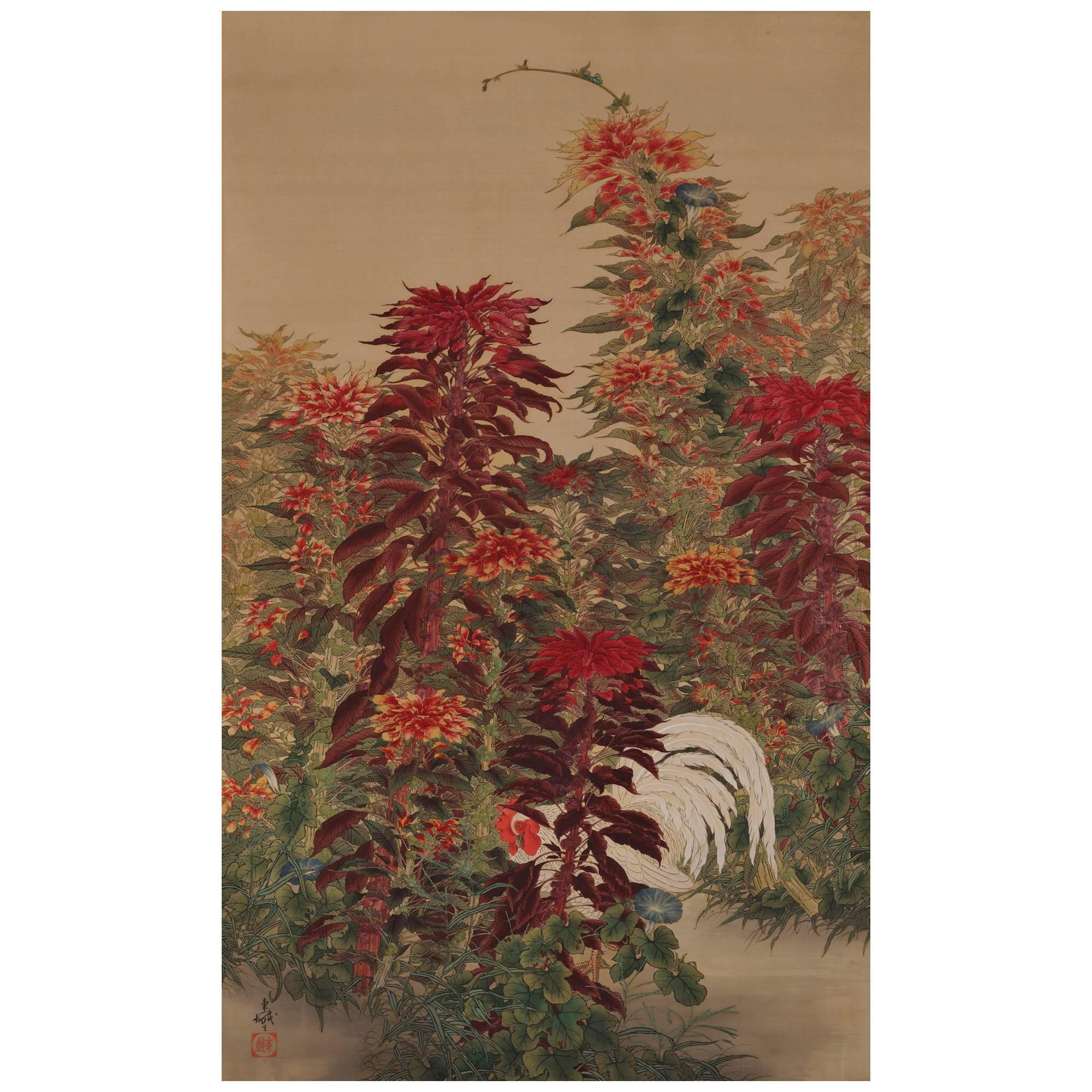 Pintura japonesa, pergamino para colgar, circa 1930, amaranto y gallo