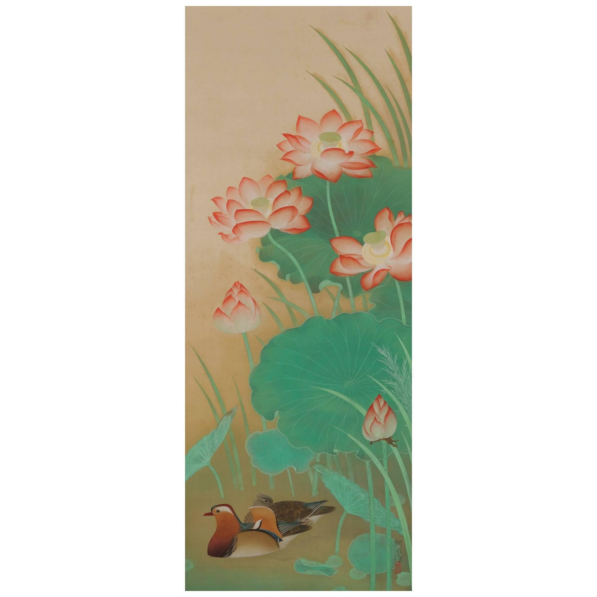 Japanese Scroll Painting,  Circa 1930 'Crimson Lotus' by Kobayashi Kahaku