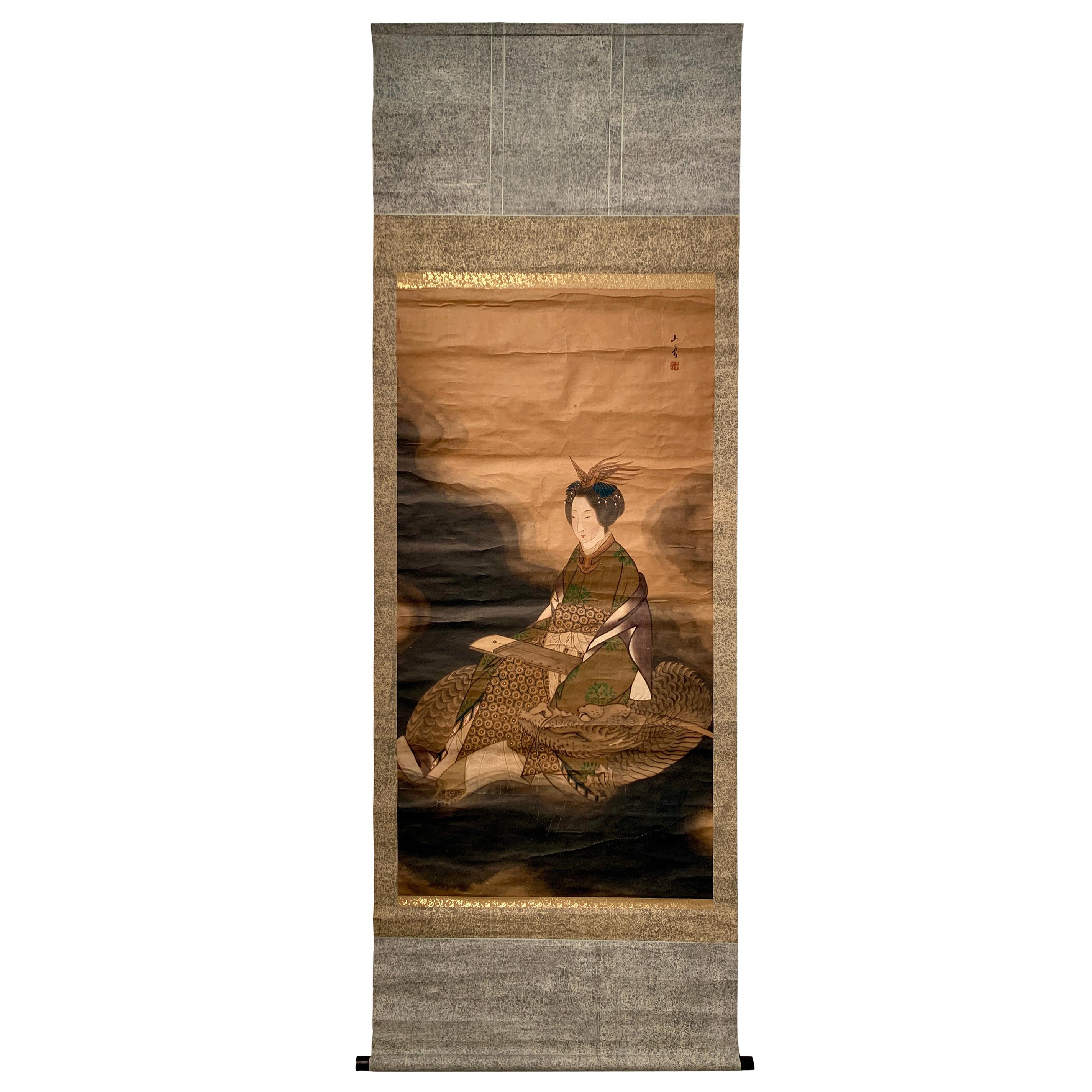 Japanese Scroll Painting "Dragon Lady" Benzaiten, Taisho Period, Early 20th C