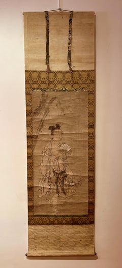 Japanese Scroll Painting of Countryside Person Carry Basket of Flowers