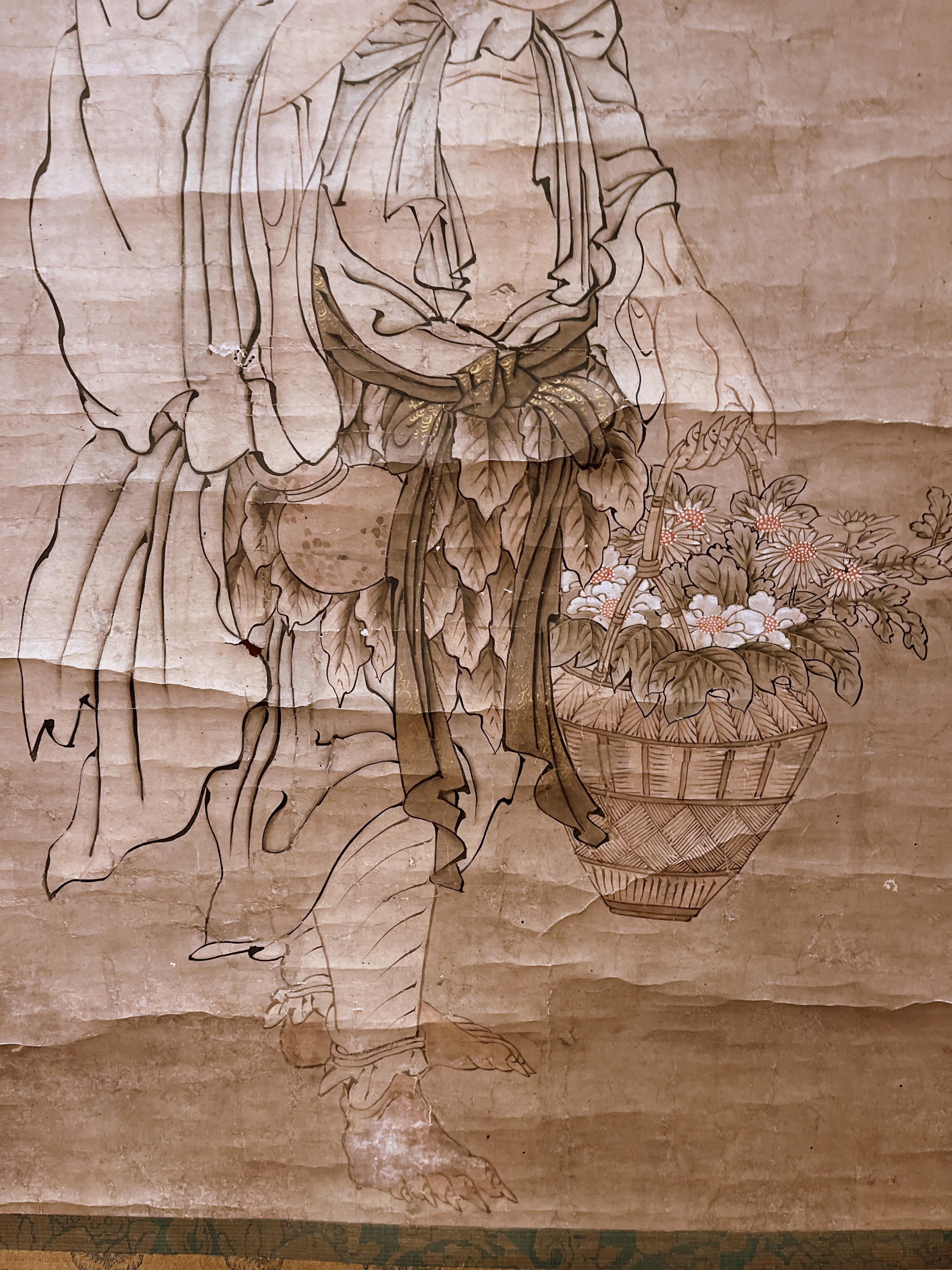 Paper Japanese Scroll Painting of Countryside Person Carry Basket of Flowers For Sale