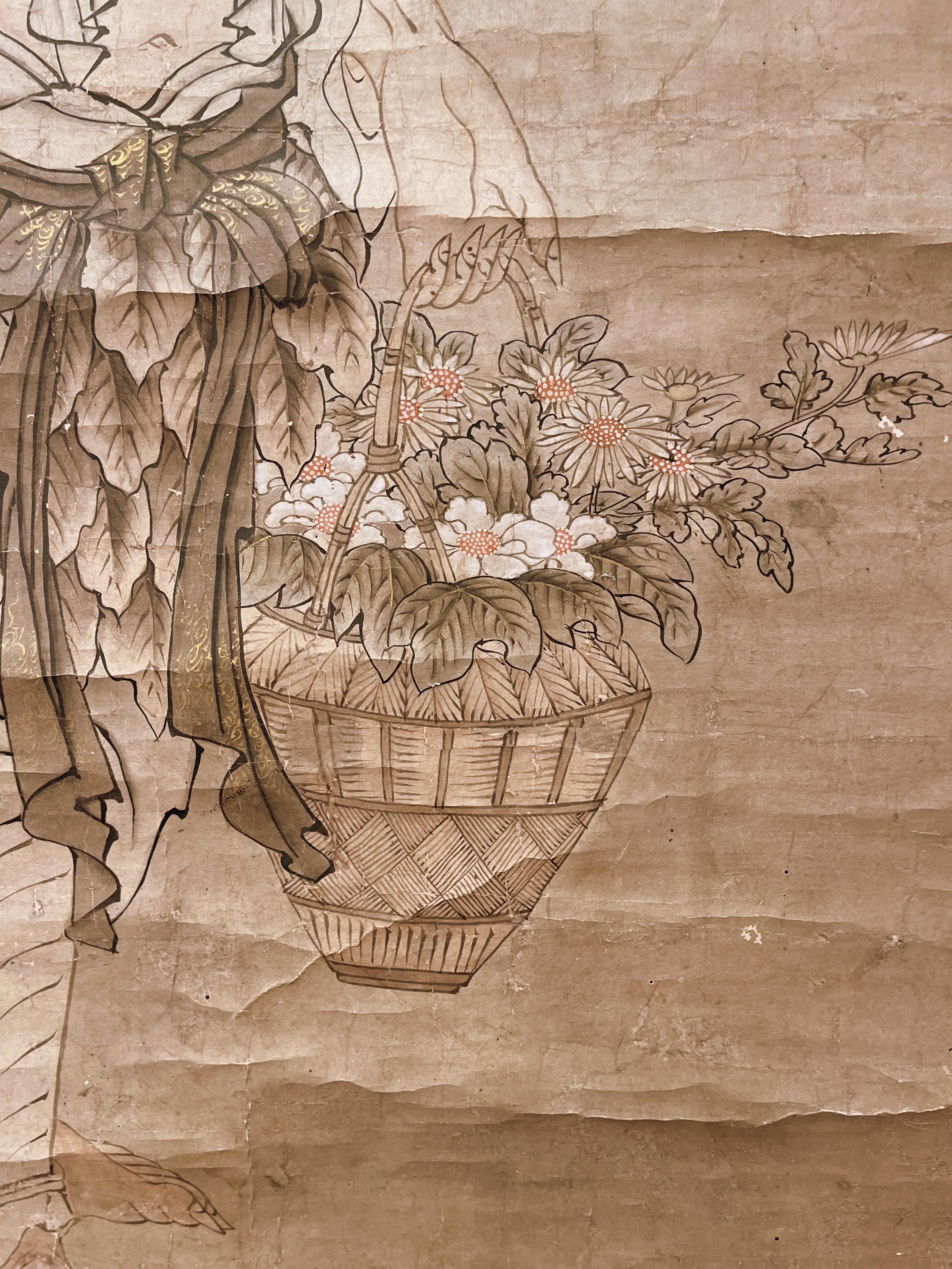 Japanese Scroll Painting of Countryside Person Carry Basket of Flowers For Sale 1