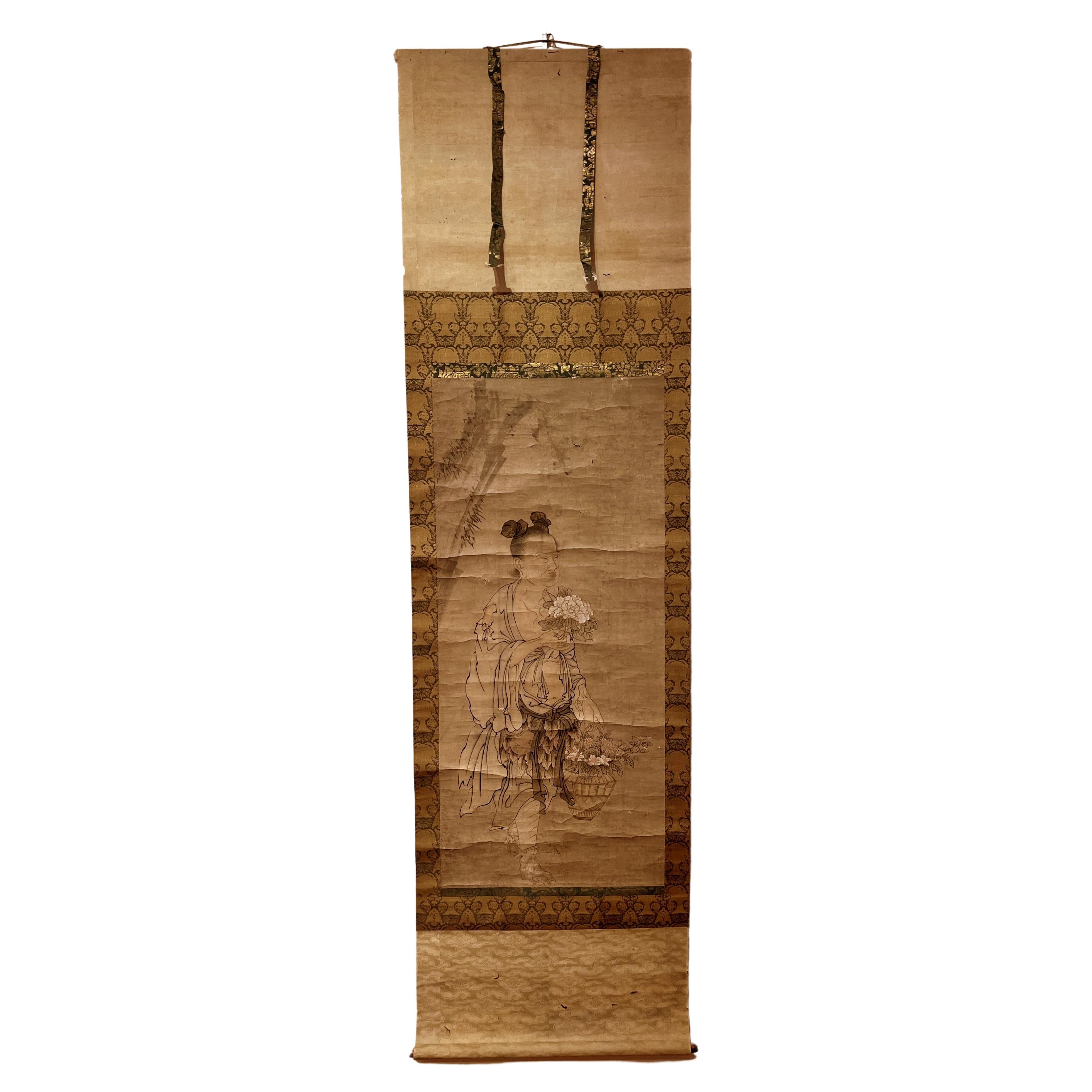 Japanese Scroll Painting of Countryside Person Carry Basket of Flowers For Sale