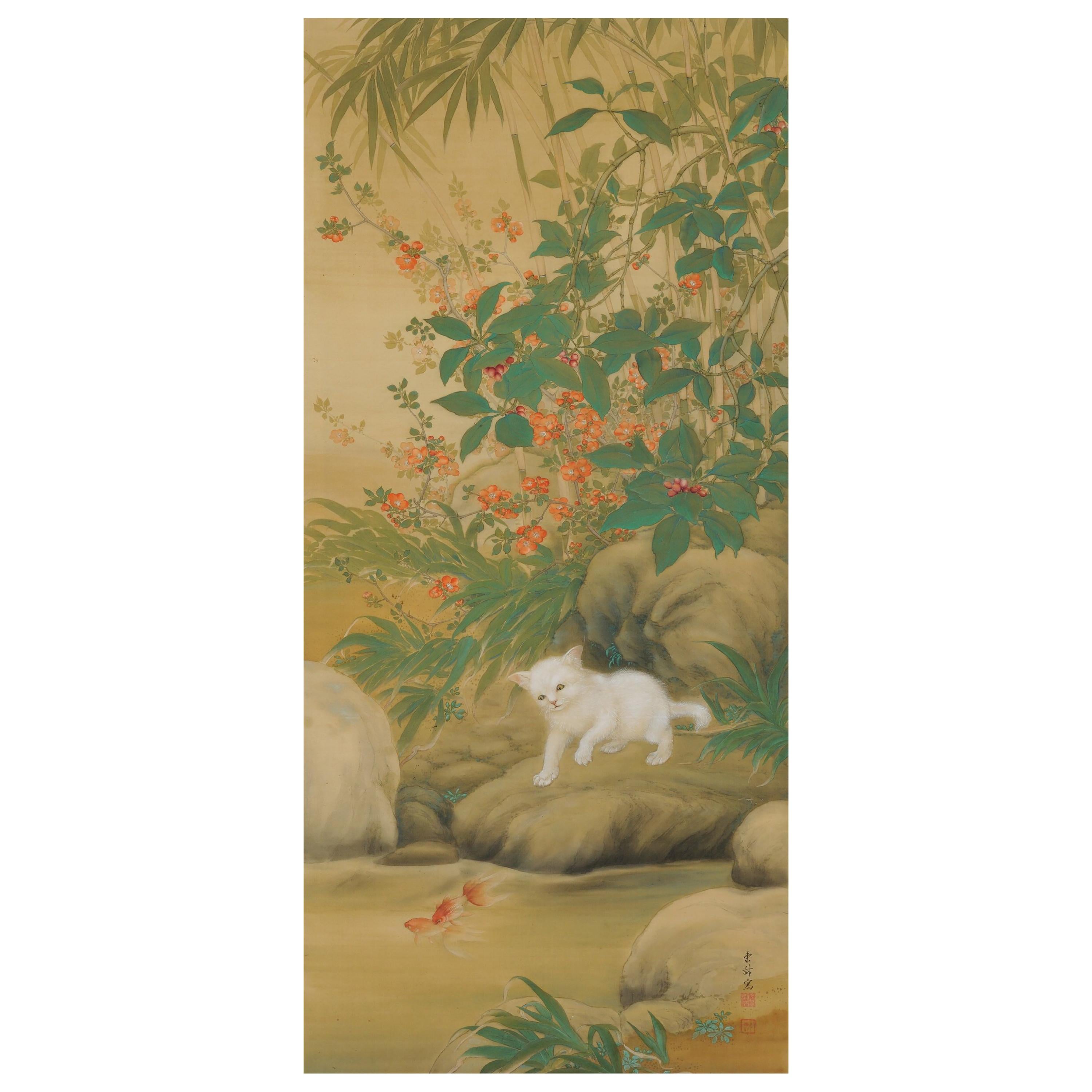 Peinture japonaise, volutes suspendues, chat ludique par Hirose Toho, Taisho des années 1920 en vente