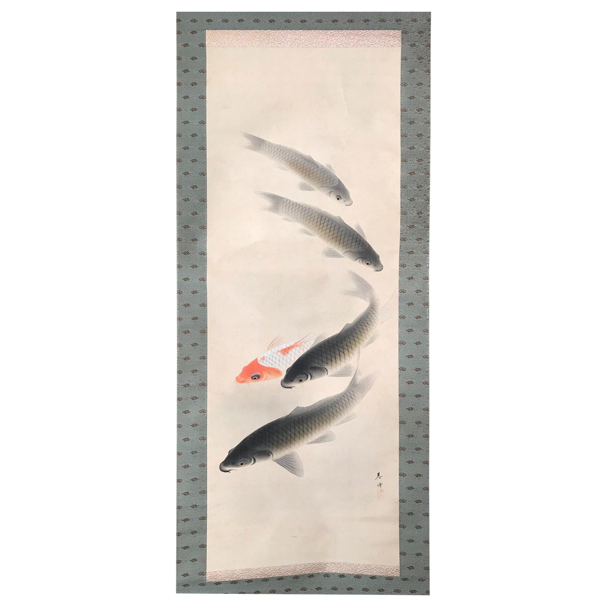 Japanese Scroll Swirl of Five Koi Fish Hand Painting on Silk, Signed Box