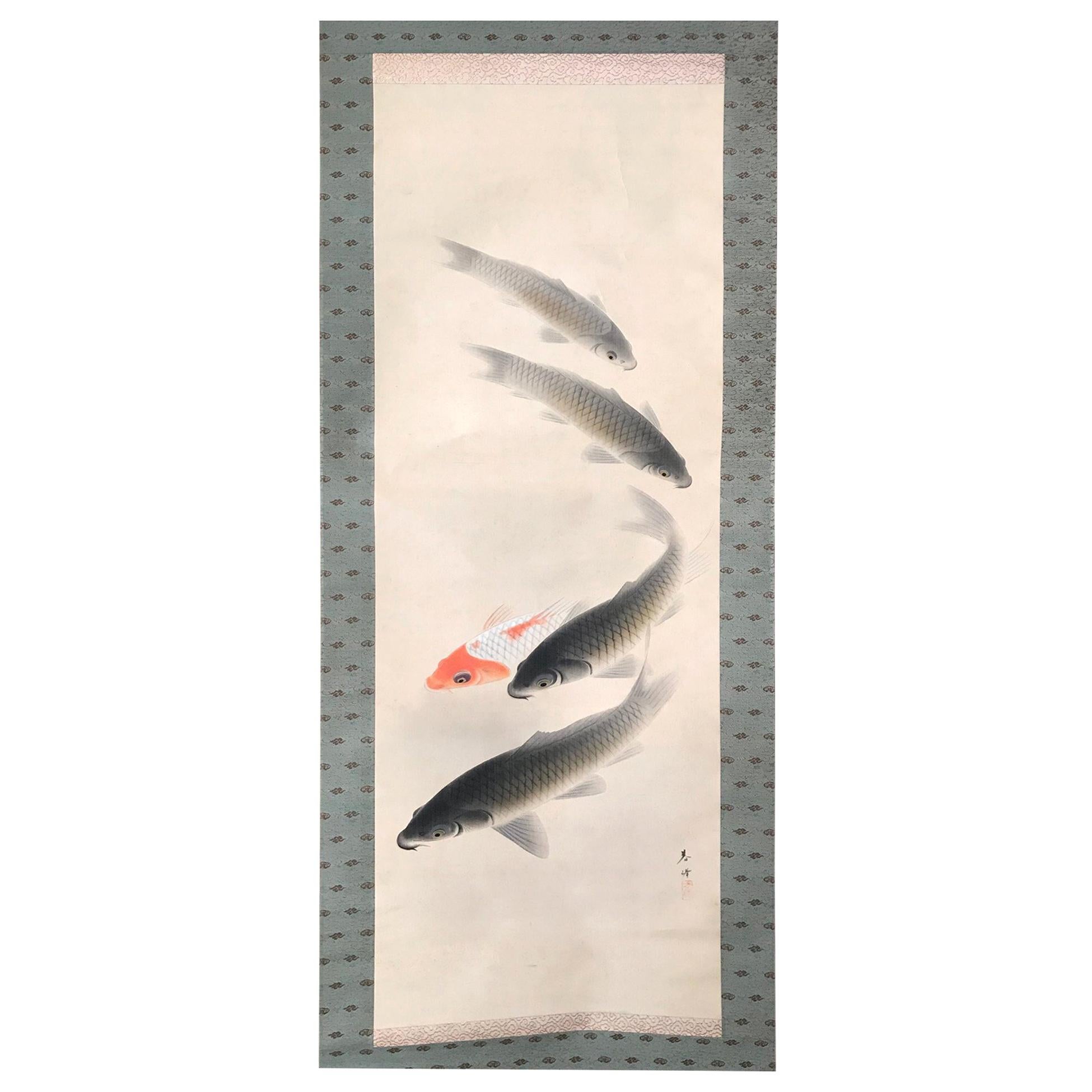 Japanese Scroll Swirl of Five Koi Fish Hand Painting on Silk, Signed Box