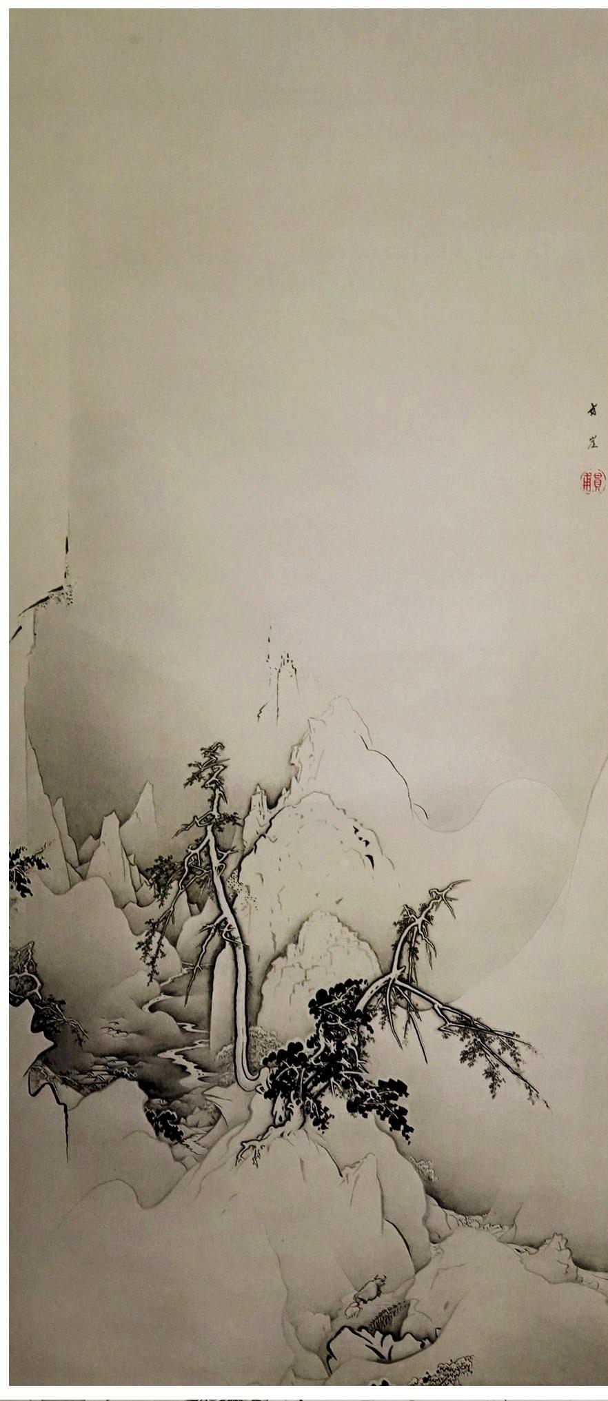 Japanese Scroll with a version of 1881 Kano Hogai Snowy Mountains Gorges In Good Condition For Sale In Amsterdam, Noord Holland