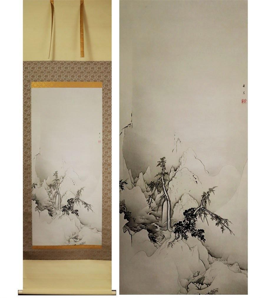 Silk Japanese Scroll with a version of 1881 Kano Hogai Snowy Mountains Gorges  For Sale