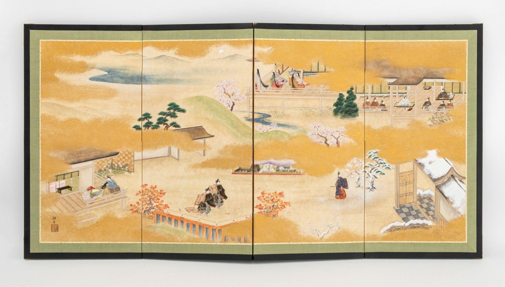 Japanese School Four Seasons Figural Landscape Scene Four-Panel Byobu Screen, gouache on paper with gold leaf, chop seal mark lower right. Larger panels: 24