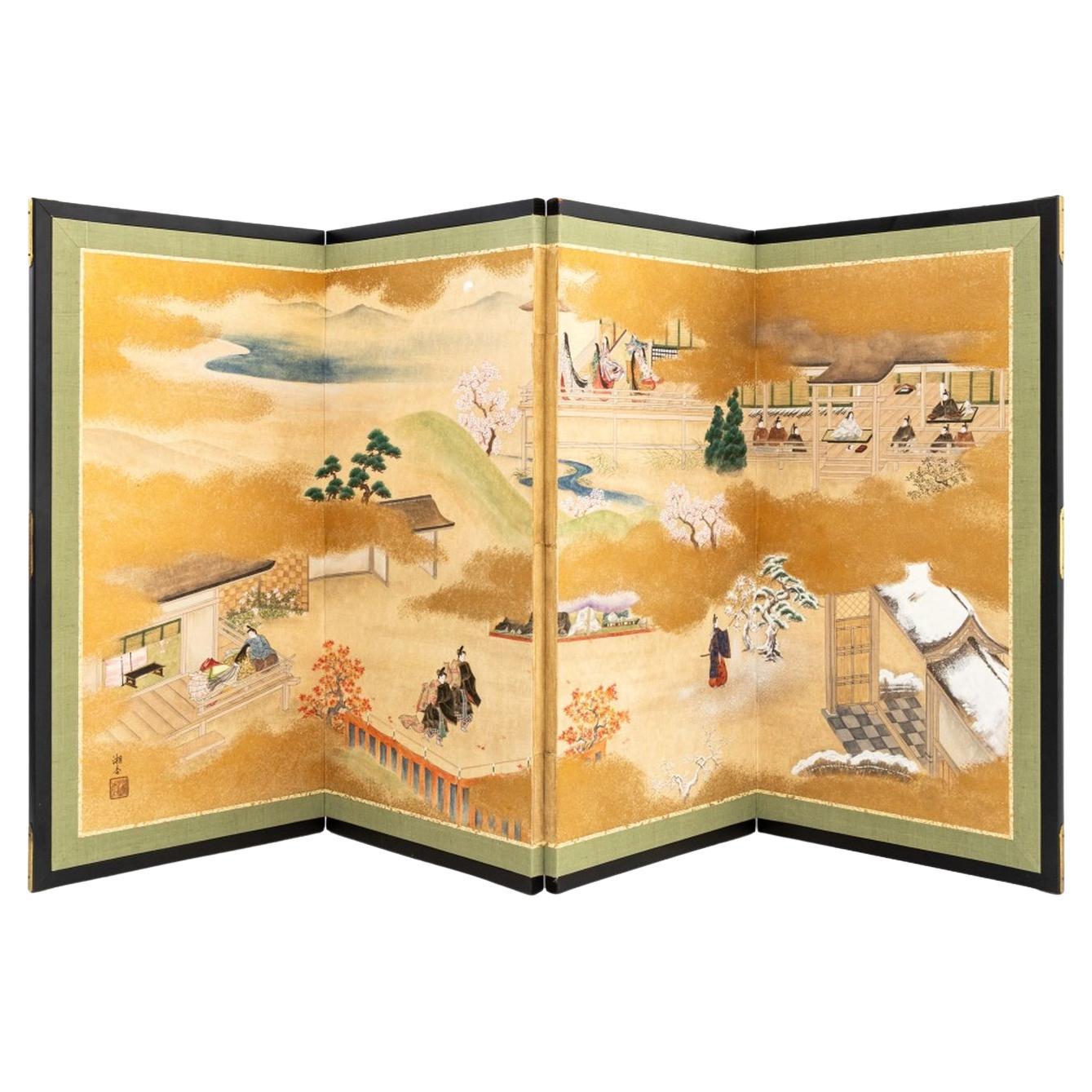 Japanese Seasons Landscape 4-Panel Byobu Screen For Sale