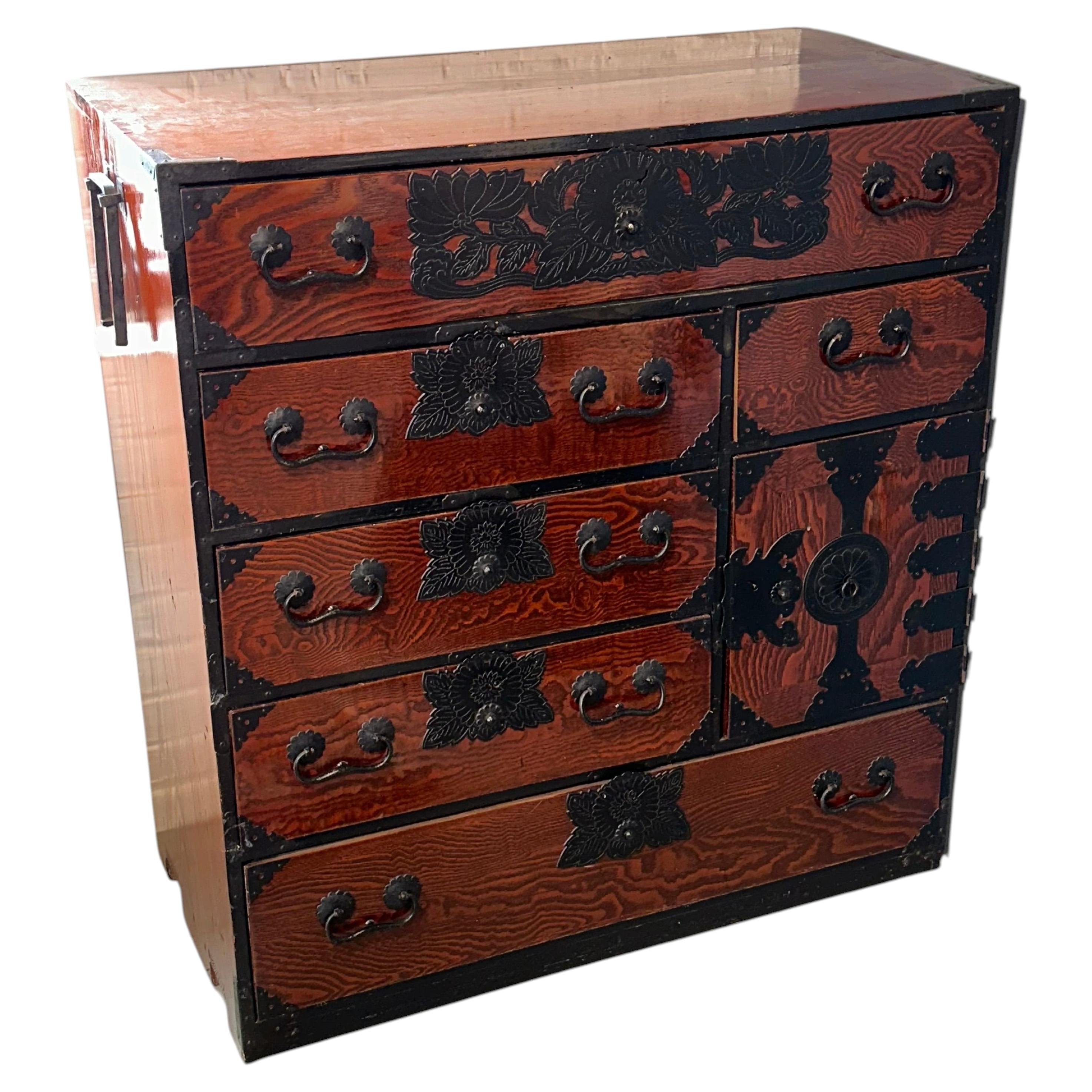 Japanese Sendai Isho Dansu Keyaki Tansu Chest Kiku Iron Hardware Meiji Period