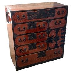 Japanese Sendai Isho Dansu Keyaki Tansu Chest Kiku Iron Hardware Meiji Period