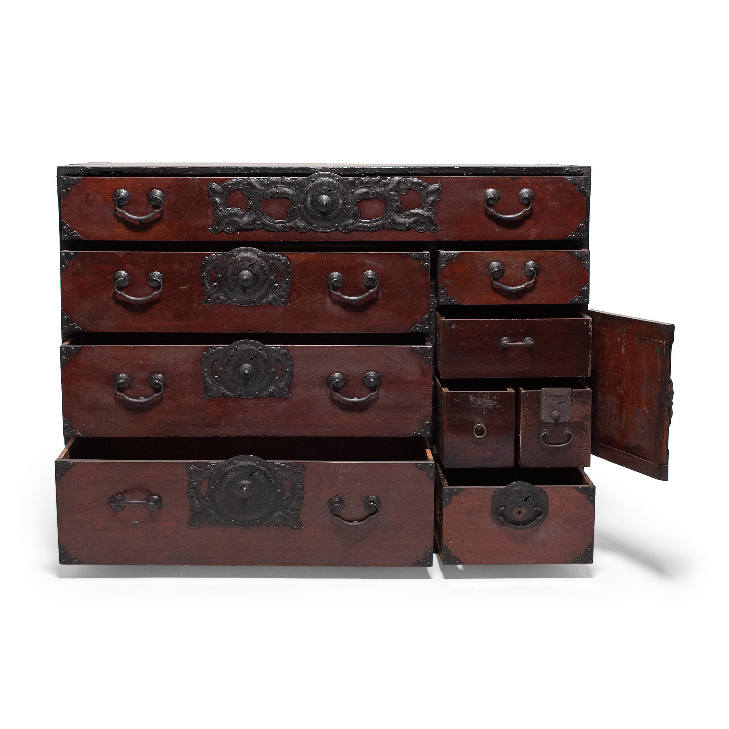 Japanese Sendai Tansu Chest with Floral Iron Hardware, C. 1900 In Good Condition In Chicago, IL