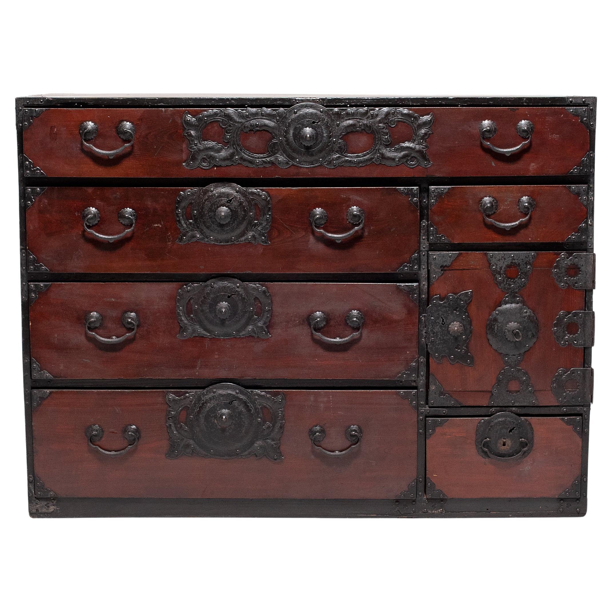 Japanese Sendai Tansu Chest with Floral Iron Hardware, C. 1900