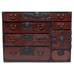 Japanese Sendai Tansu Chest with Floral Iron Hardware, C. 1900