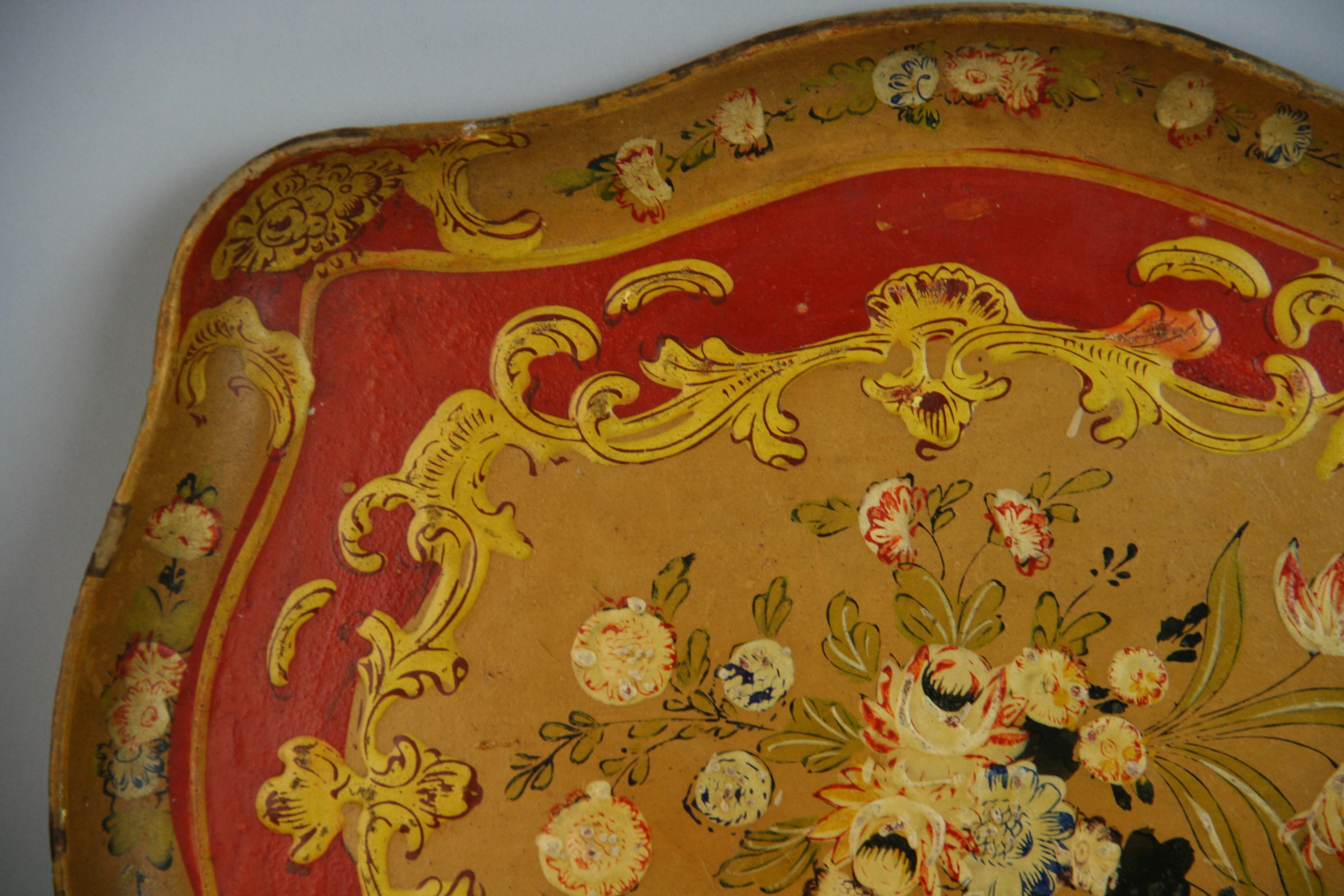 Japanese Serving Tray Hand Painted Floral Design Pressed Wood, 1950's In Good Condition For Sale In Douglas Manor, NY