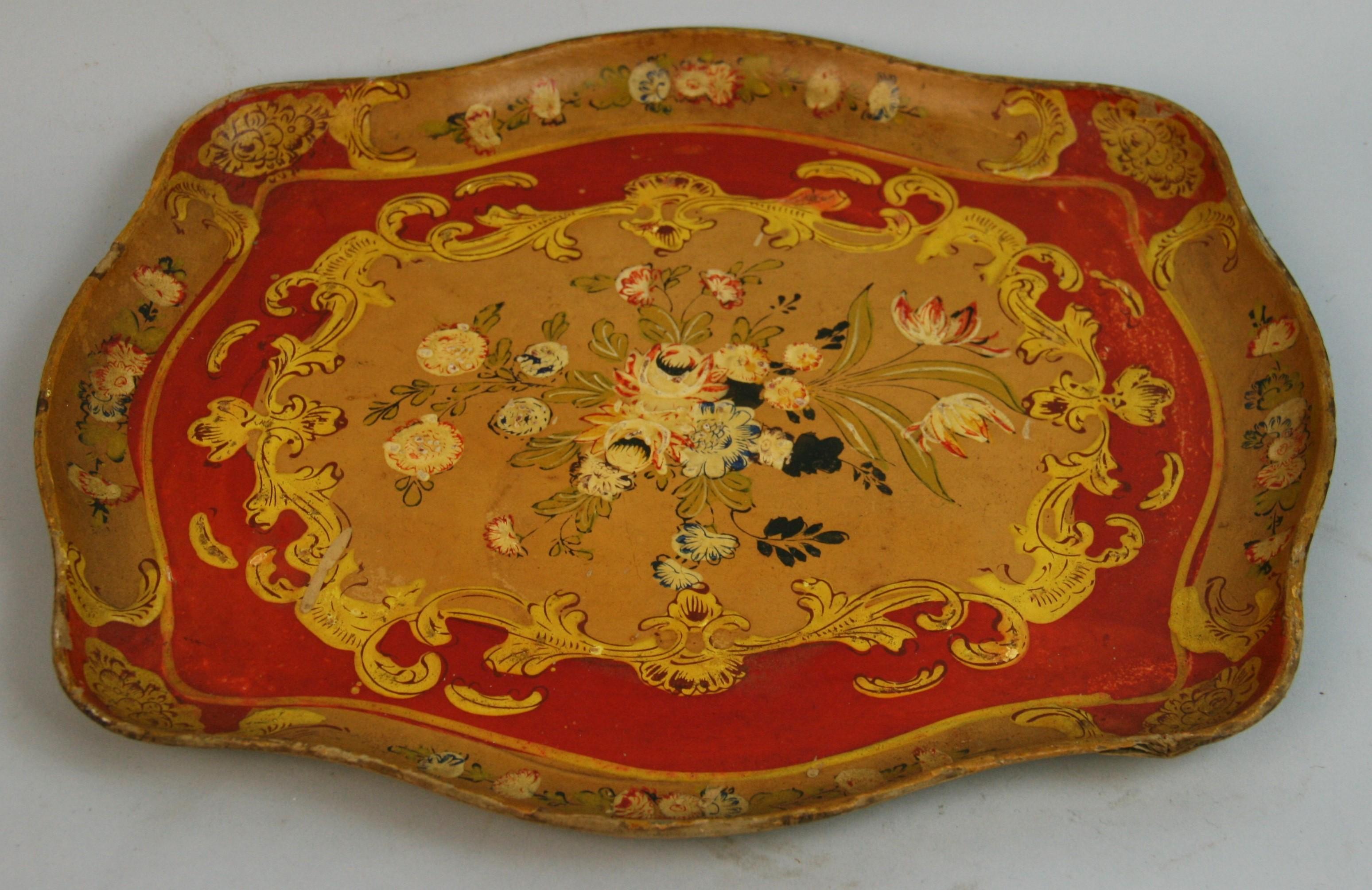 Satinwood Japanese Serving Tray Hand Painted Floral Design Pressed Wood, 1950's For Sale