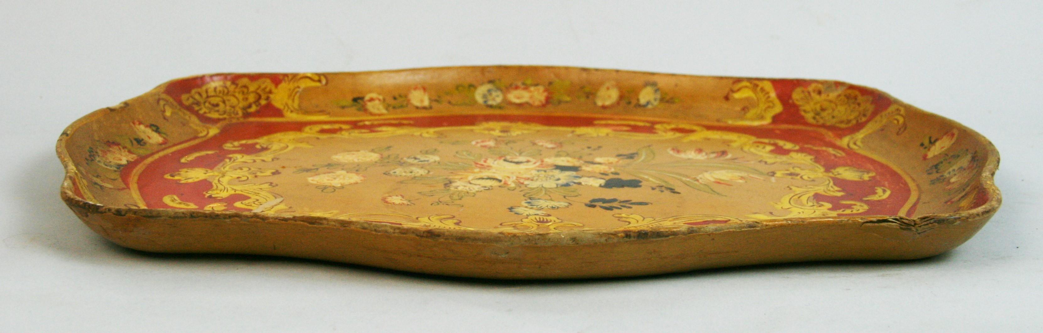 Japanese Serving Tray Hand Painted Floral Design Pressed Wood, 1950's For Sale 1