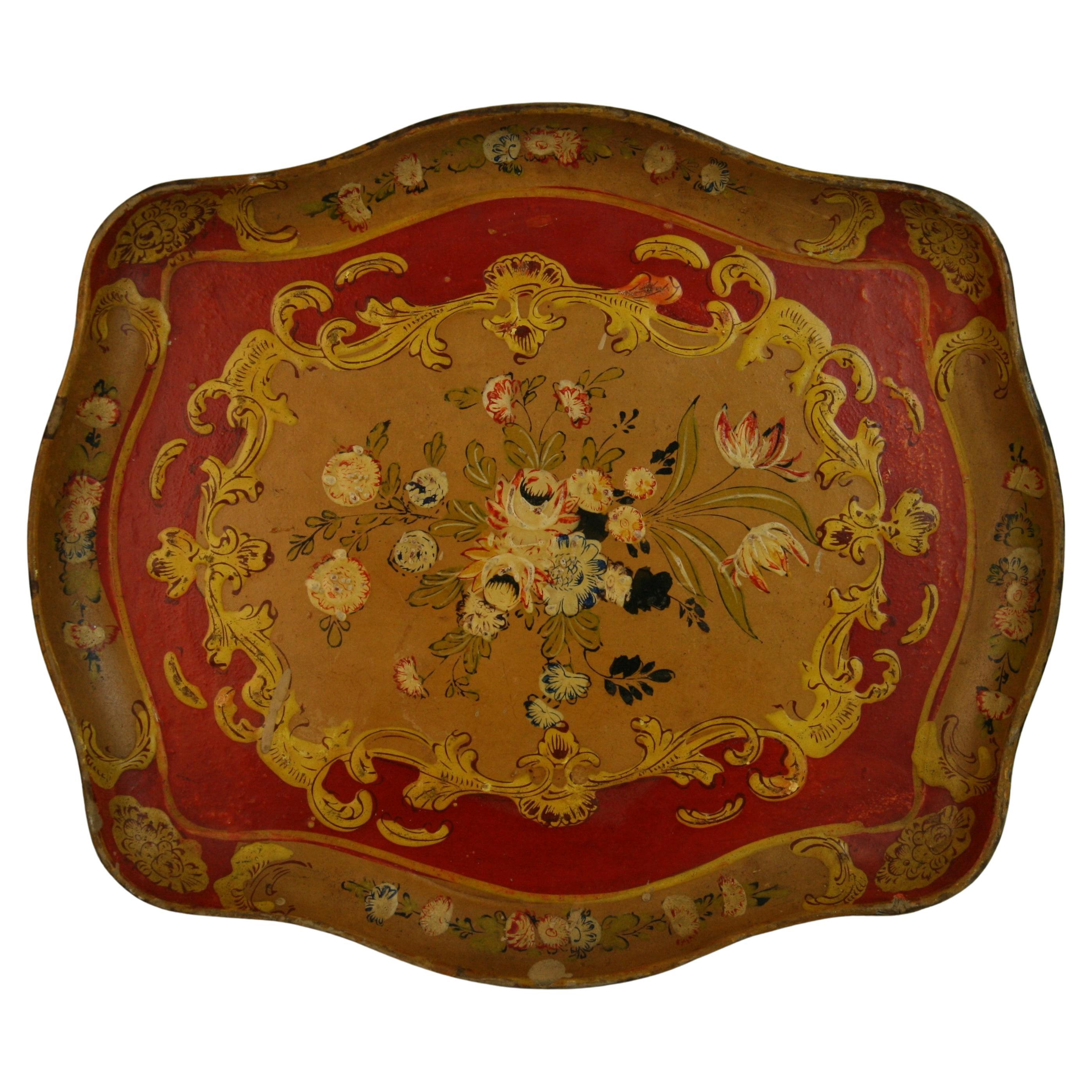 Japanese Serving Tray Hand Painted Floral Design Pressed Wood, 1950's