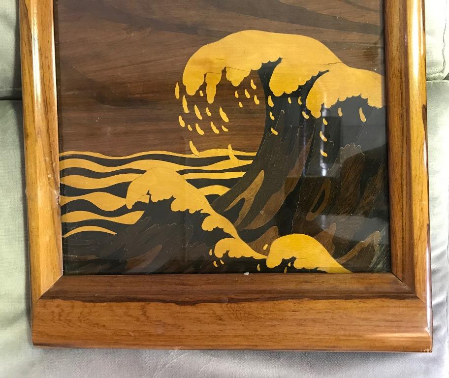Showa Japanese Serving Tray with Glass Mixed Inlaid Wood and Great Crashing Wave Motif