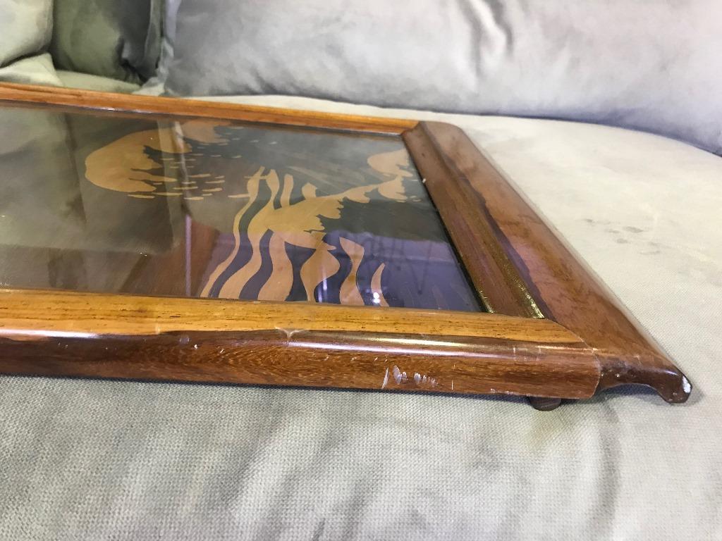 20th Century Japanese Serving Tray with Glass Mixed Inlaid Wood and Great Crashing Wave Motif