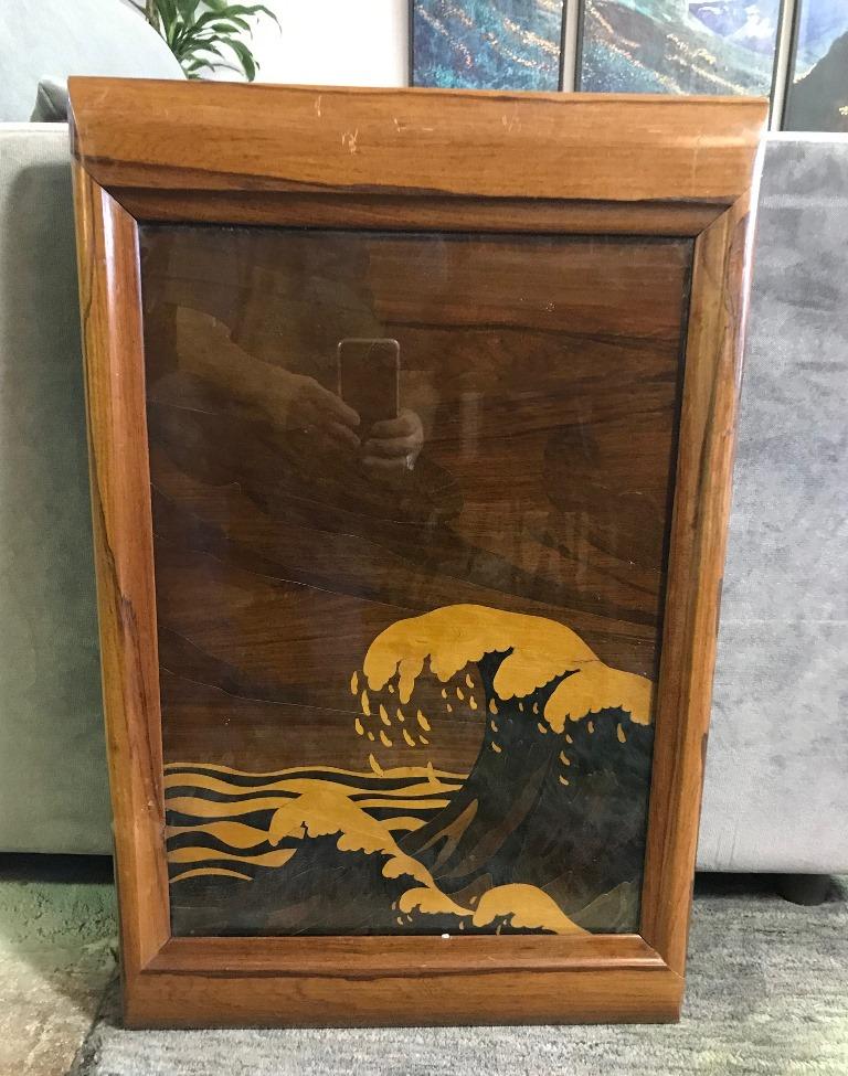 Japanese Serving Tray with Glass Mixed Inlaid Wood and Great Crashing Wave Motif 1