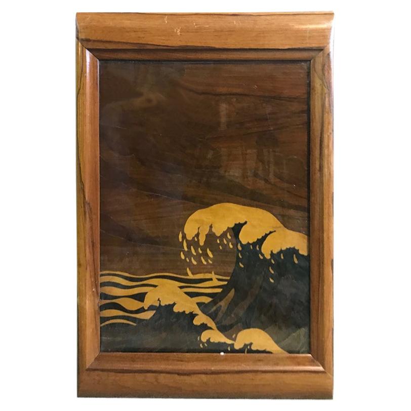 Japanese Serving Tray with Glass Mixed Inlaid Wood and Great Crashing Wave Motif