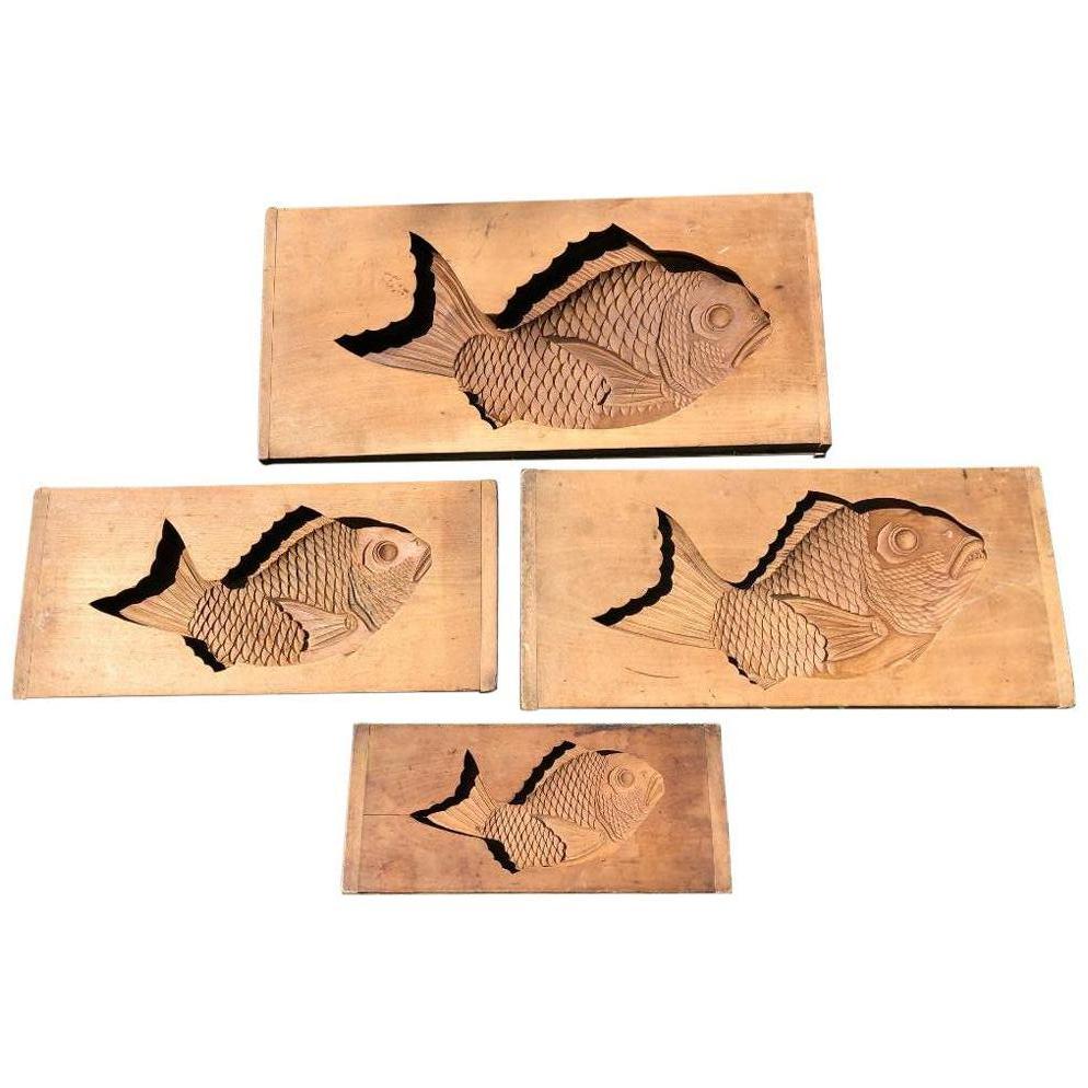Japanese Set Four Big Antique Cherry Wood Fish Cake Molds, Signed & 19th Century