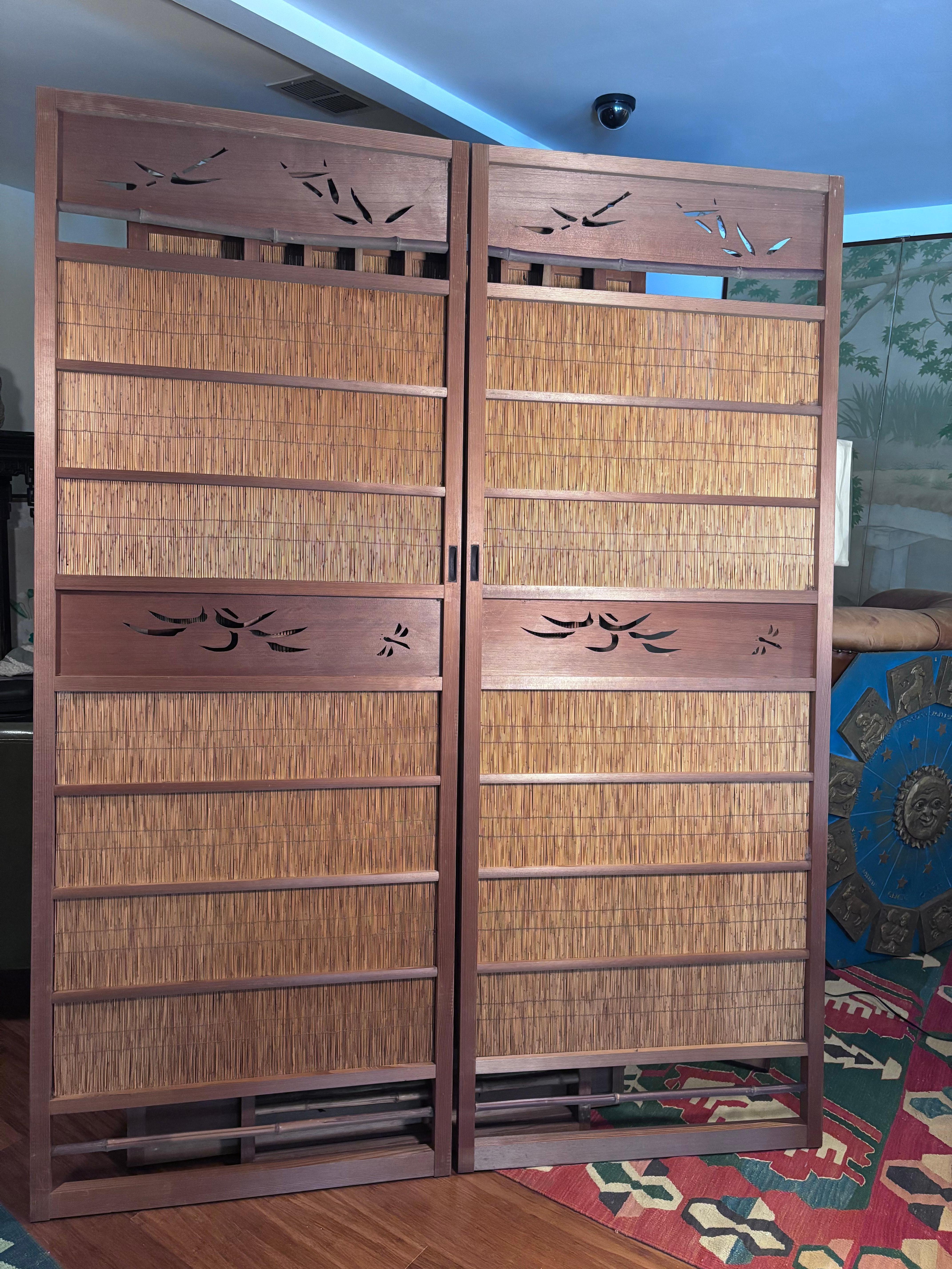 Japanese Set of Two Fine Birds And Dragonfly Shoji Doors Screens 3