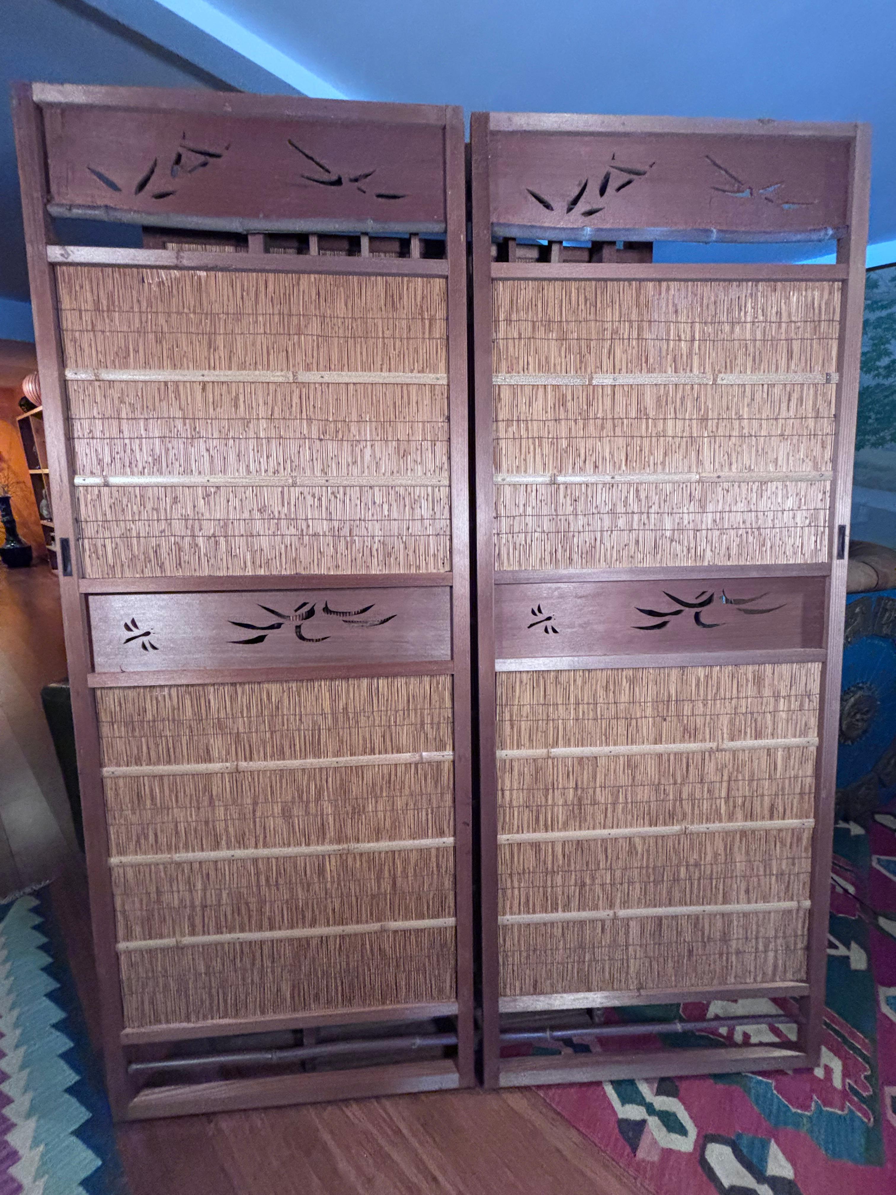 Japanese Set of Two Fine Birds And Dragonfly Shoji Doors Screens 5