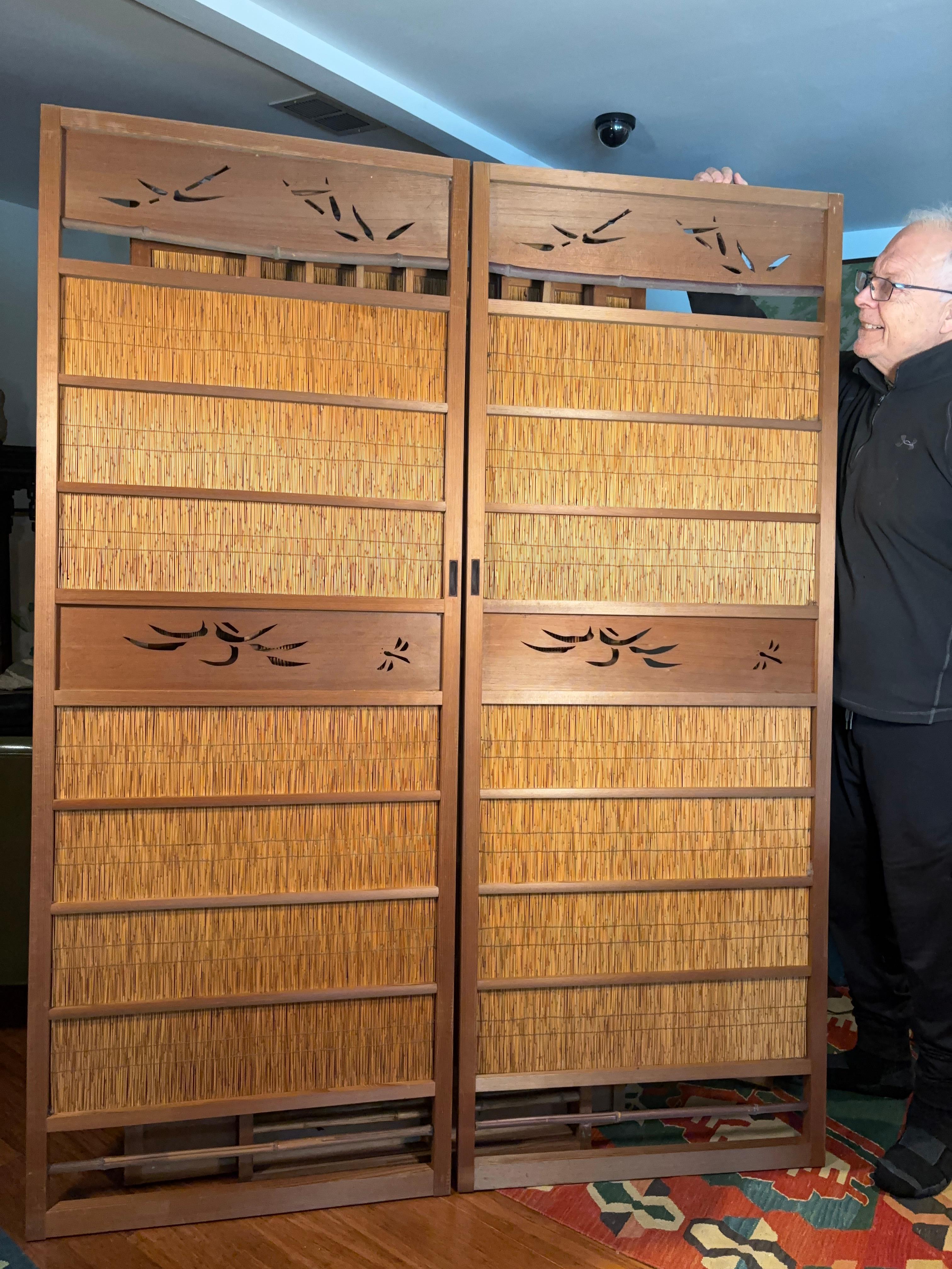 Taisho Japanese Set of Two Fine Birds And Dragonfly Shoji Doors Screens