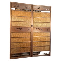 Antique Japanese Set of Two Fine Birds And Dragonfly Shoji Doors Screens
