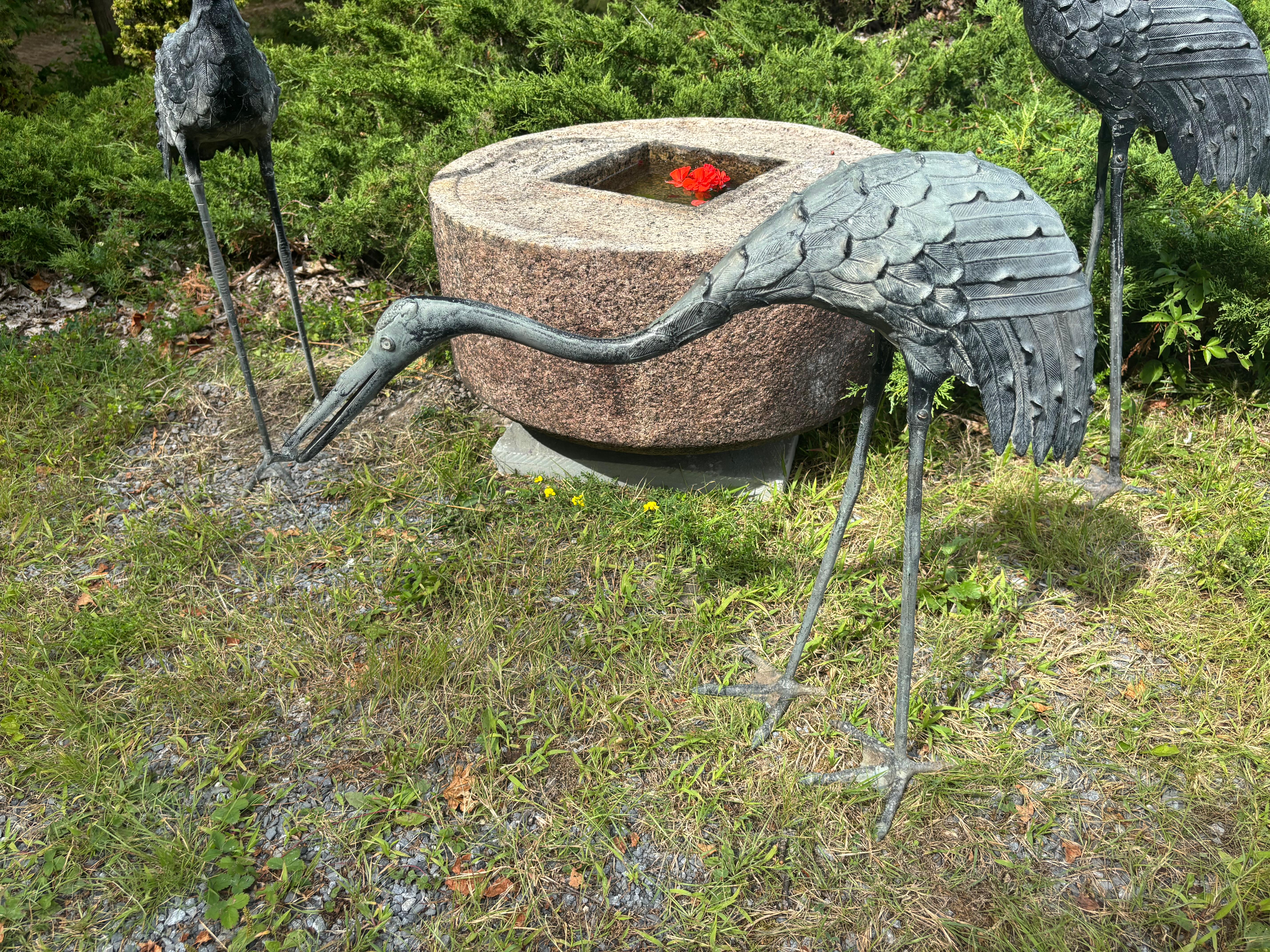 Japanese Set Three Large Antique Bronze Red Crested Cranes, Complete For Sale 4