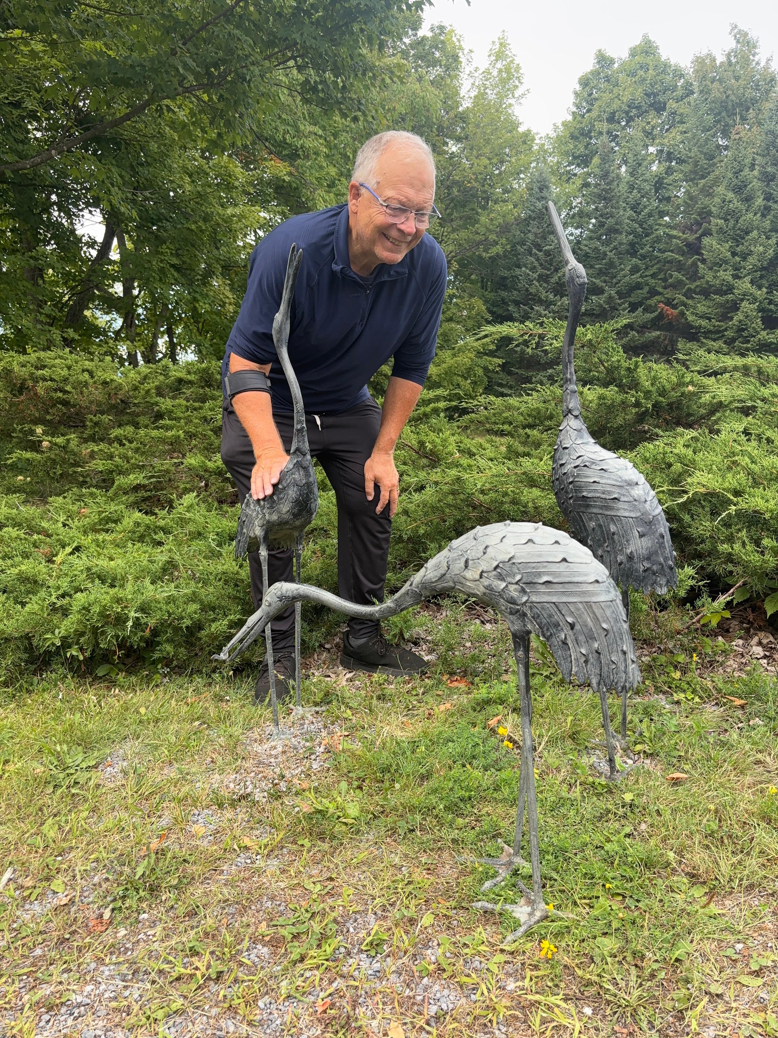 Just received from our last shipment from Japan, a complete set three (3) 1920s bronze garden red crested cranes

Japan, a fine set of three tall and large scale hand caste bronze finely detailed red crested cranes. Attractive variegated green