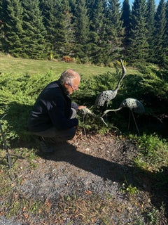 Japanese Set Three Large Antique Bronze Red Crested Cranes, Complete