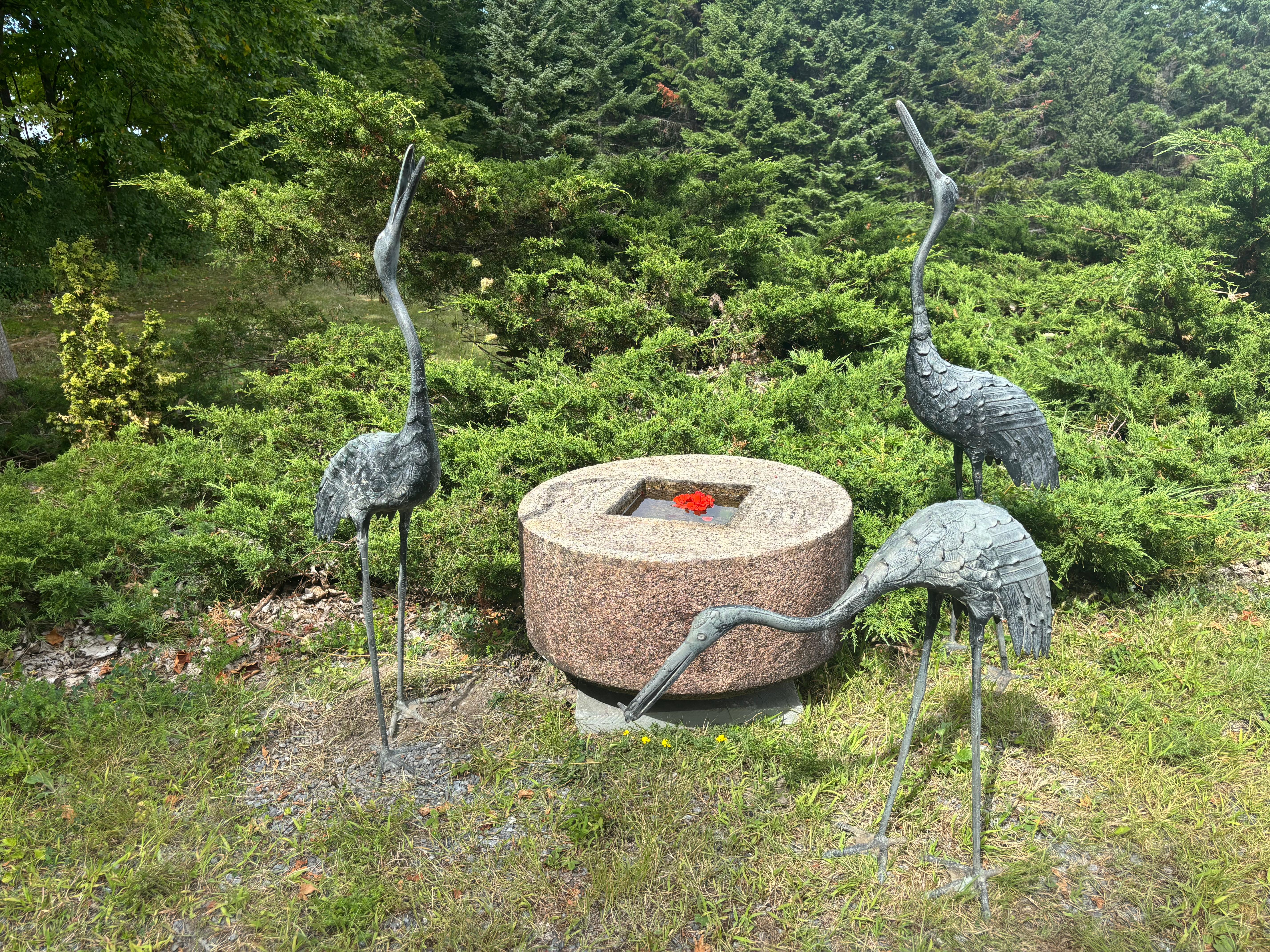 Cast Japanese Set Three Large Antique Bronze Red Crested Cranes, Complete For Sale
