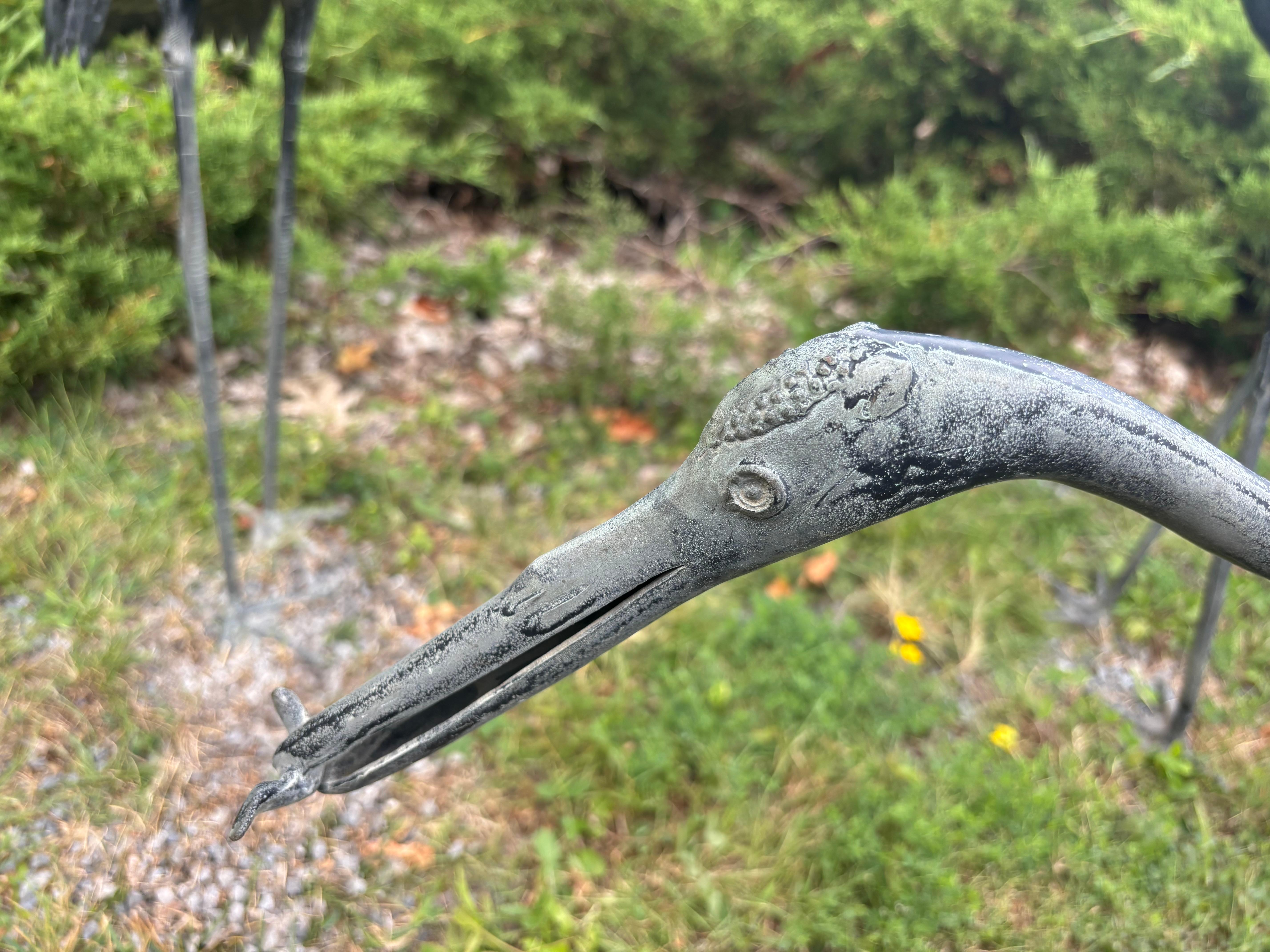 20th Century Japanese Set Three Large Antique Bronze Red Crested Cranes, Complete For Sale